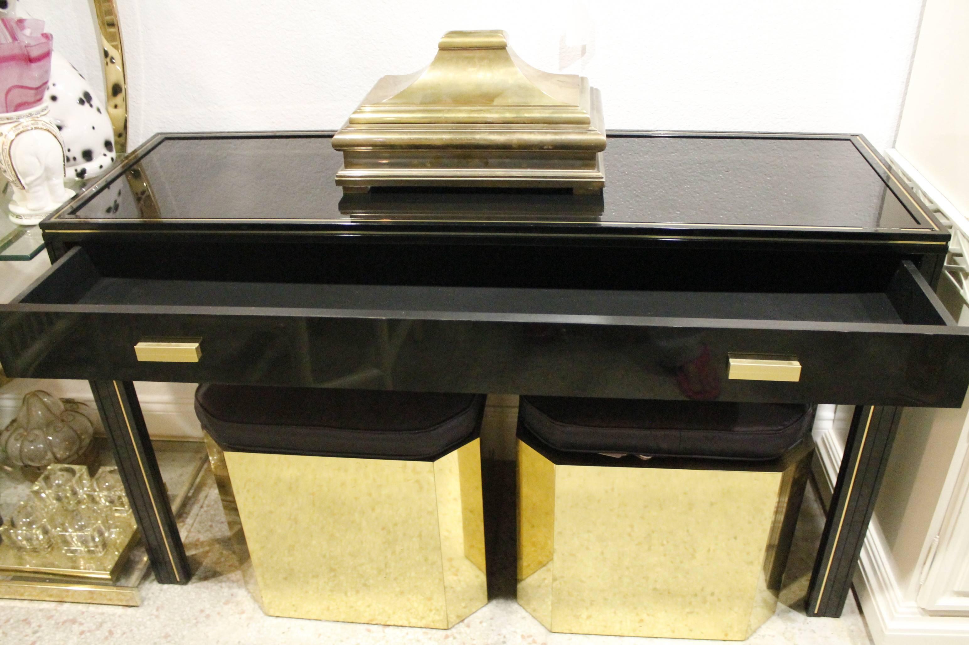 20th Century Pierre Vandel Paris Desk Console Table & Wall Mirror Brass Set Hollywood Regency