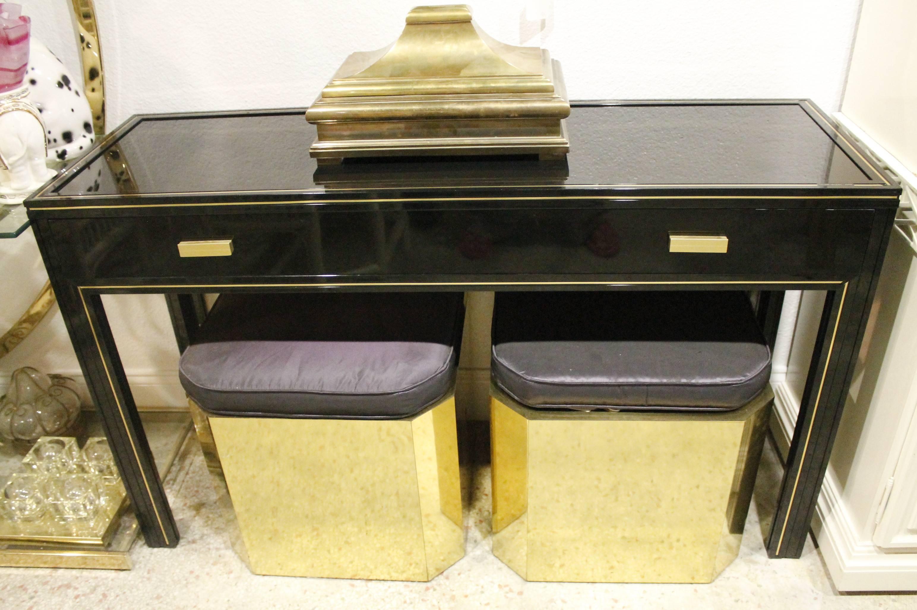 Pierre Vandel Paris Desk Console Table & Wall Mirror Brass Set Hollywood Regency 1
