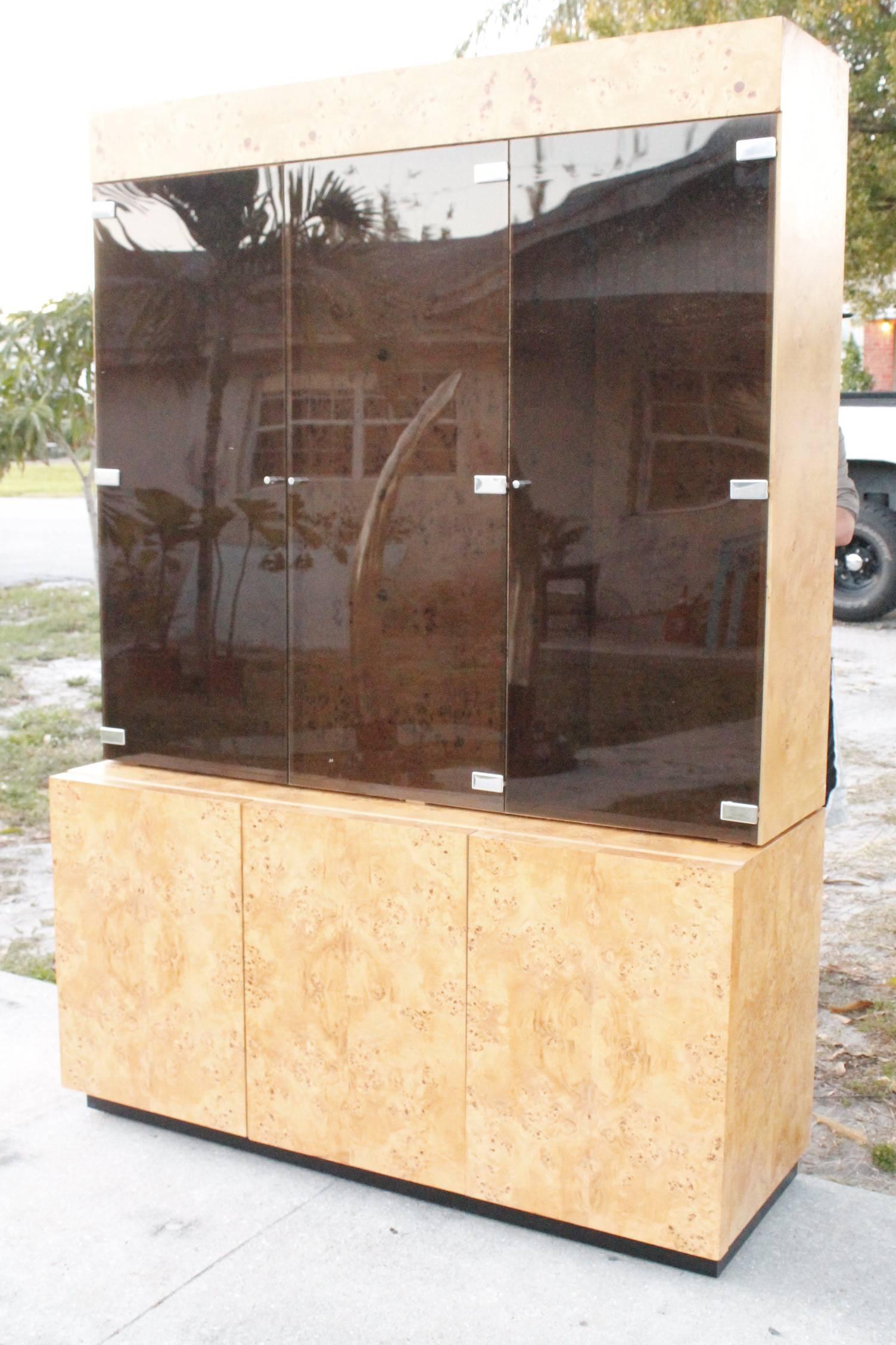 American Milo Baughman Burl Wood Burled Elm China Cabinet Smoked Lucite Credenza Buffet