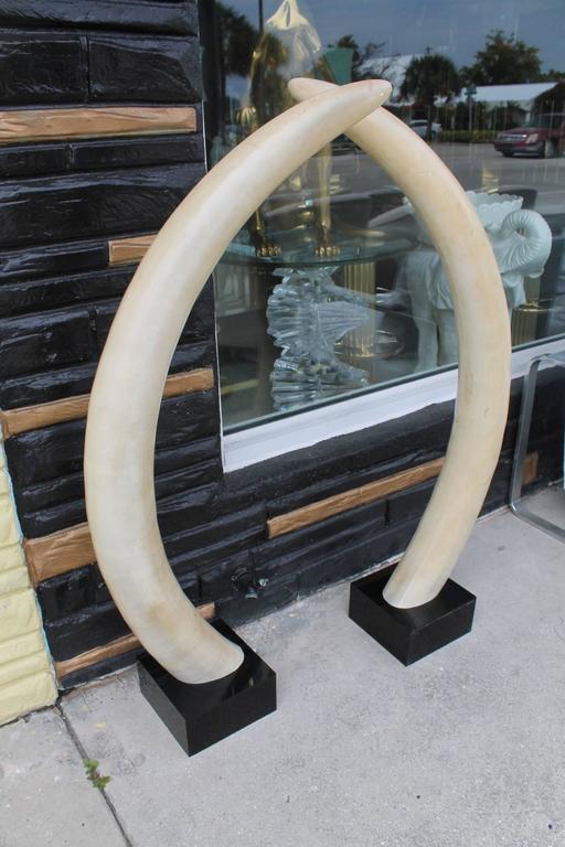 Pair of Monumental Faux Elephant Tusks Lucite Base Black MidCentury