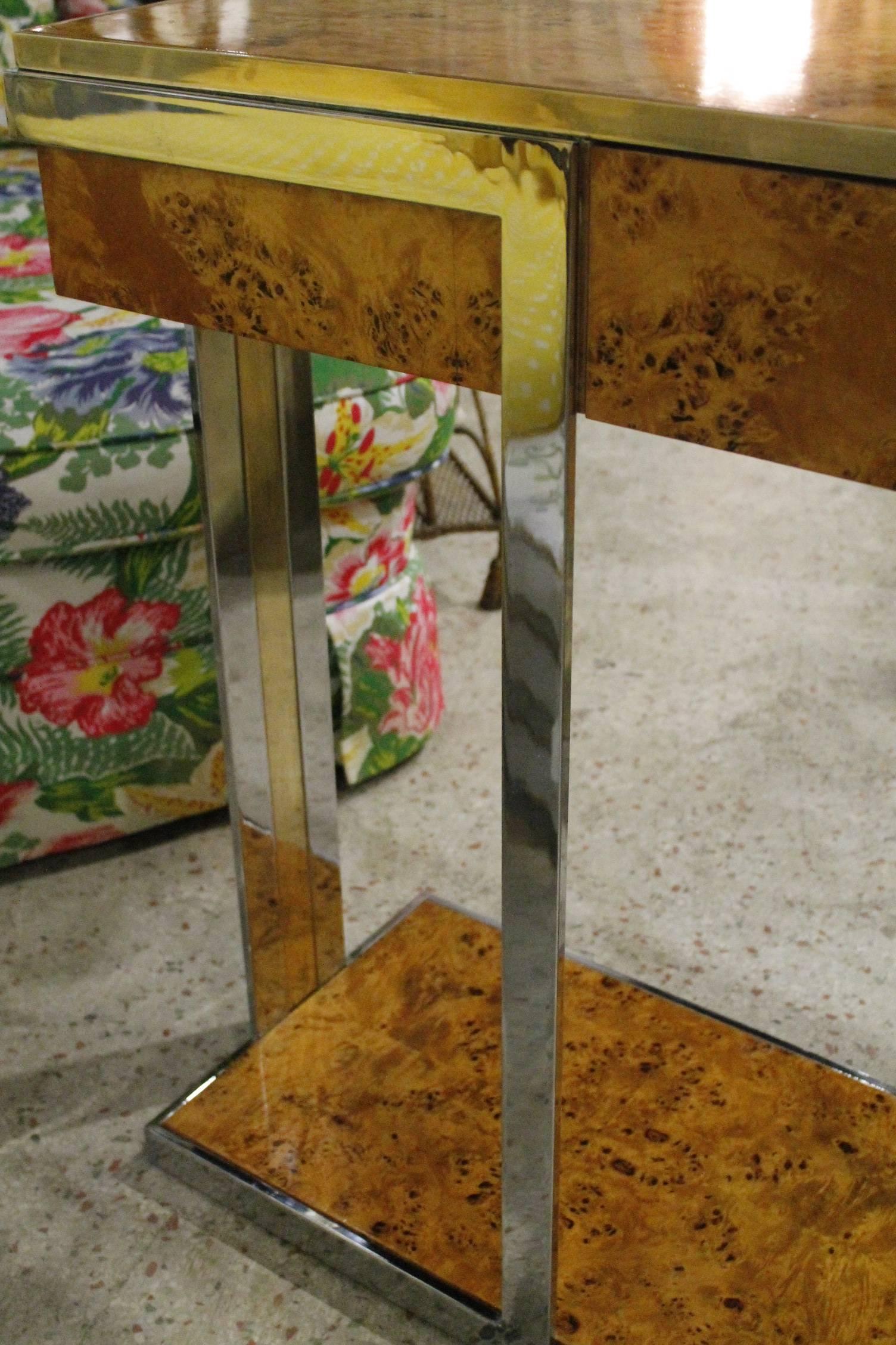 20th Century  Pierre Cardin Burl Wood Vintage Console Table Brass Chrome Hollywood Regency