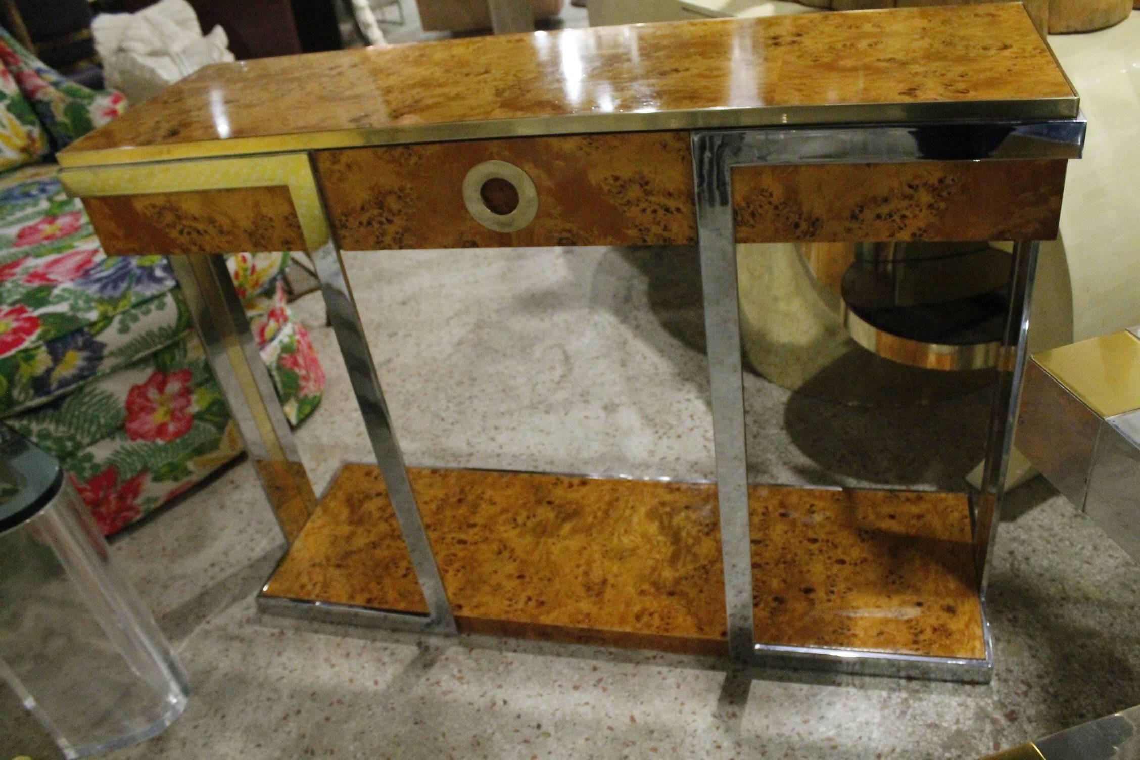  Pierre Cardin Burl Wood Vintage Console Table Brass Chrome Hollywood Regency 3