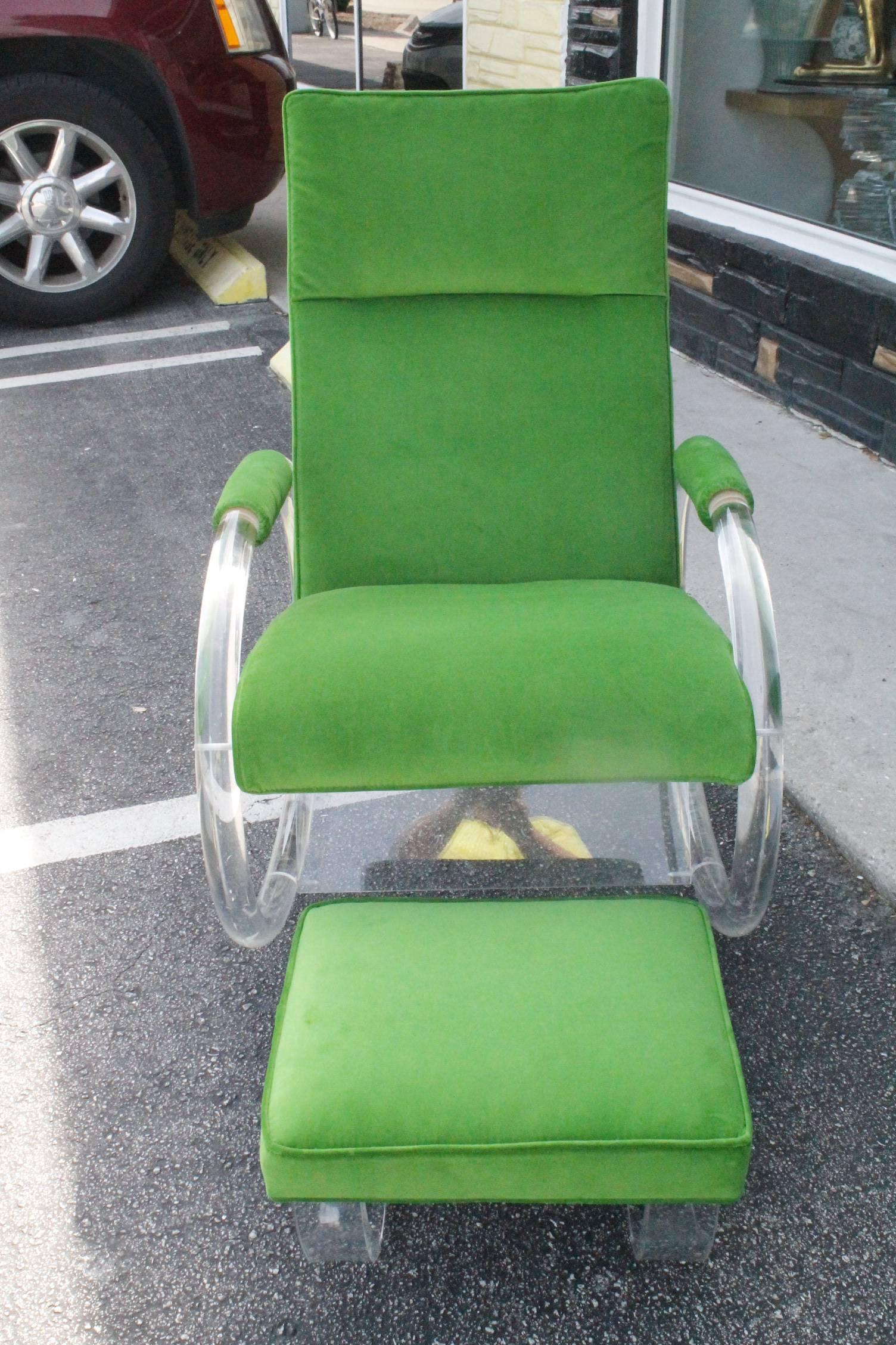 Amazing Vintage Hollywood Palm Beach Regency, Charles Hollis Jones CHJ by Hill Mfg. Lucite rocking chair and matching foot stool, ottoman newly upholstered in a bright green velvet. Perfect in a childs room, nursery, living room, etc. 

Footstool