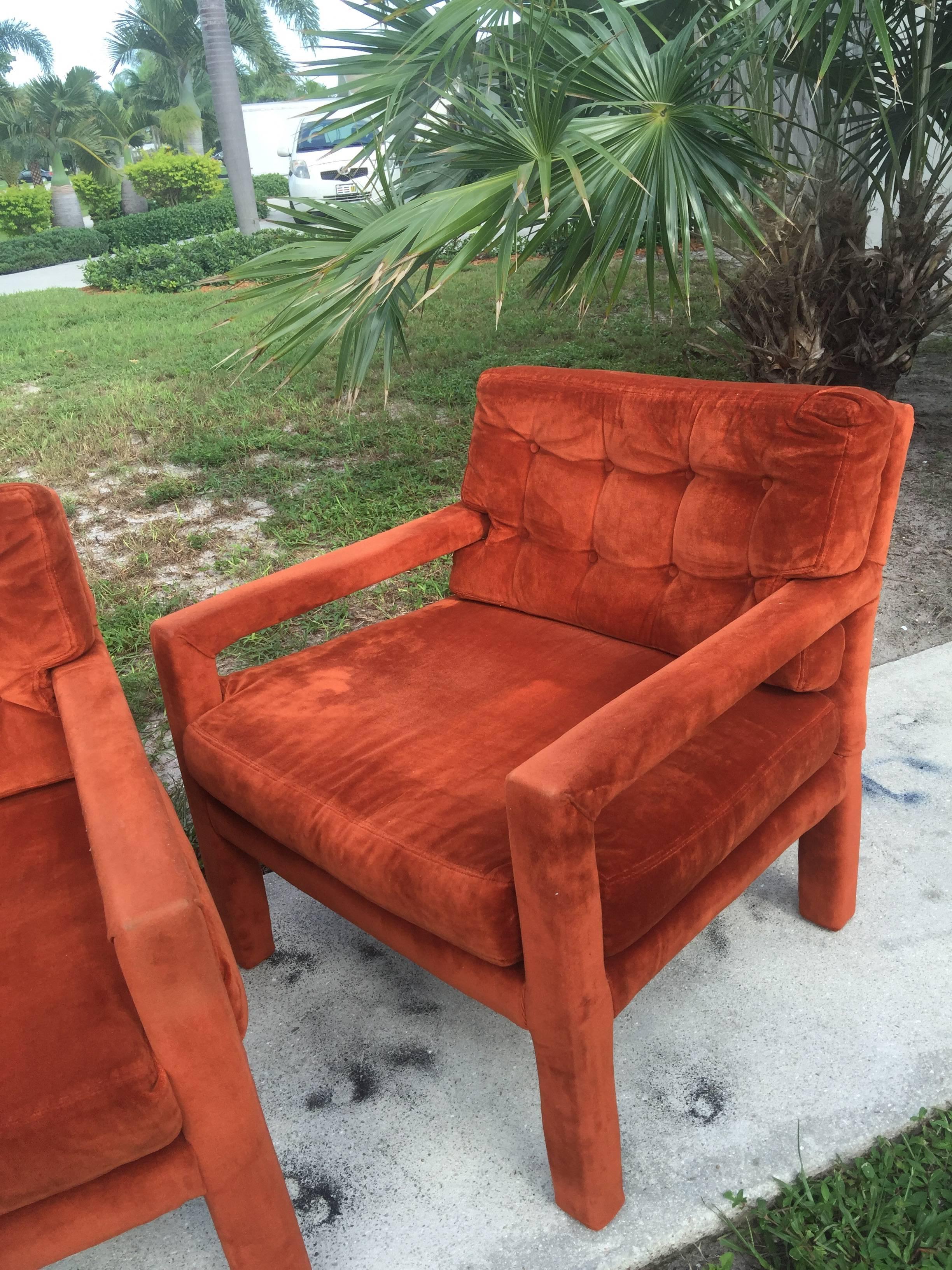 Pair of Milo Baughman Tufted Mid-Century Modern Parsons Armchairs Chairs In Good Condition In West Palm Beach, FL