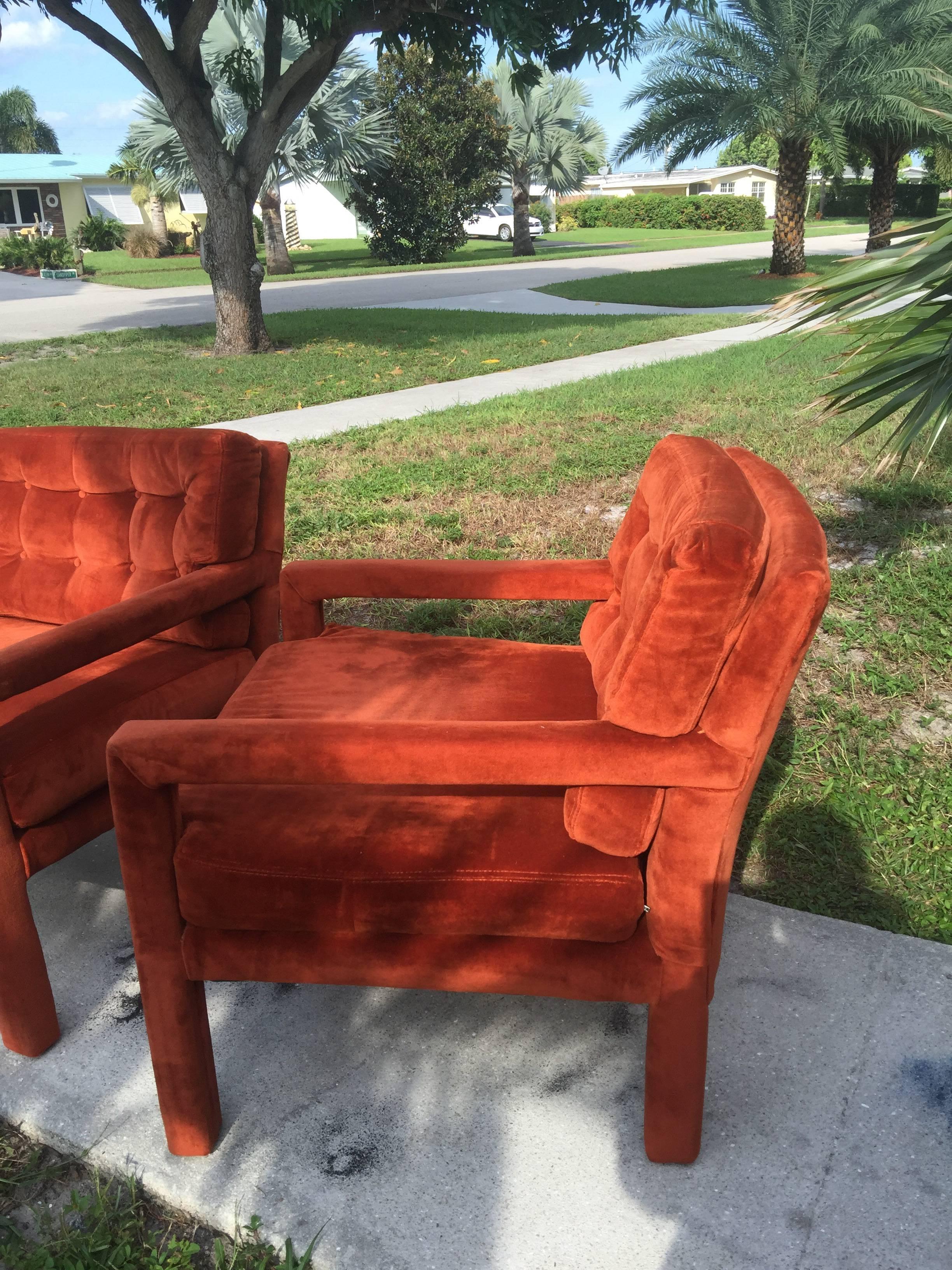 Pair of Milo Baughman Tufted Mid-Century Modern Parsons Armchairs Chairs 1