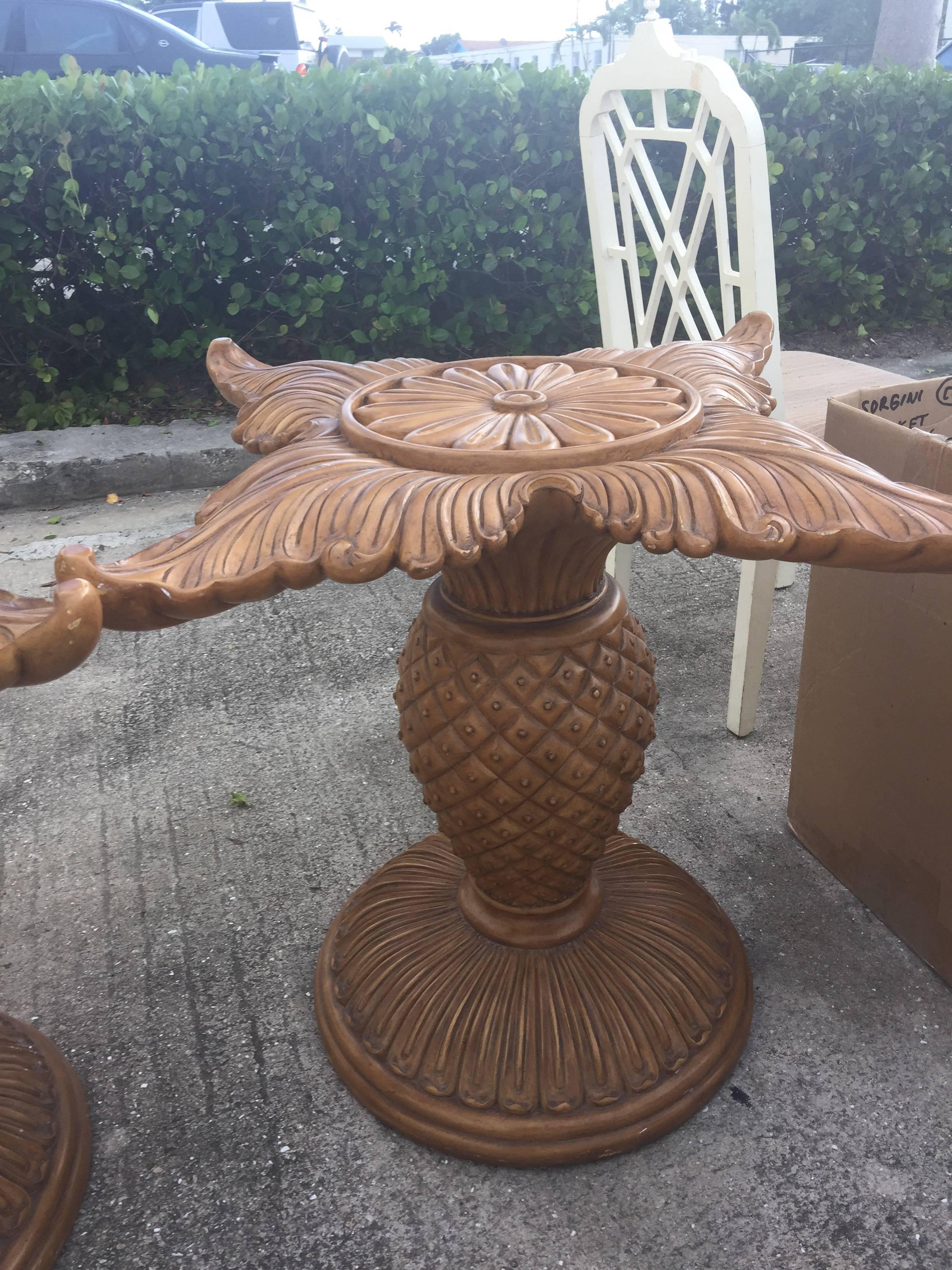 Hollywood Regency Pair of Wood Carved Pineapple Dining Table or Desk Bases Tropical Palm Beach