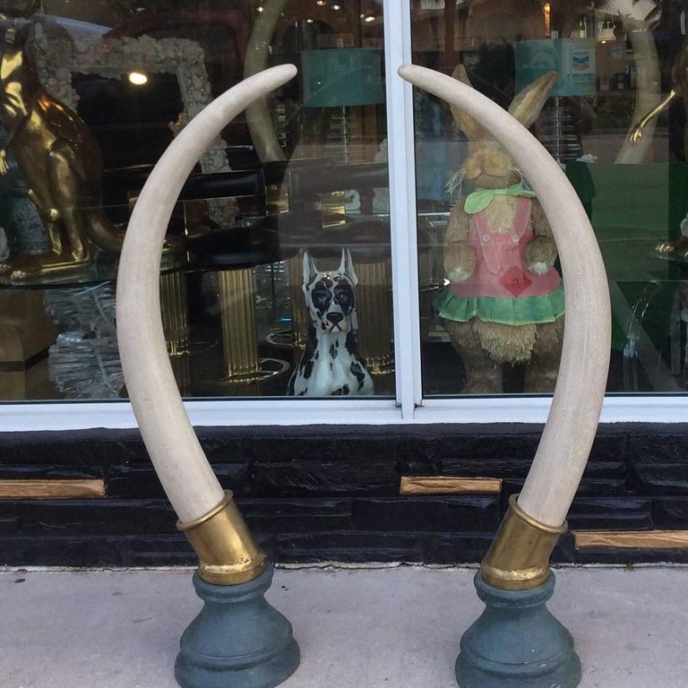 American Pair Faux Elephant Tusks Brass Monumental Hollywood Regency For Sale