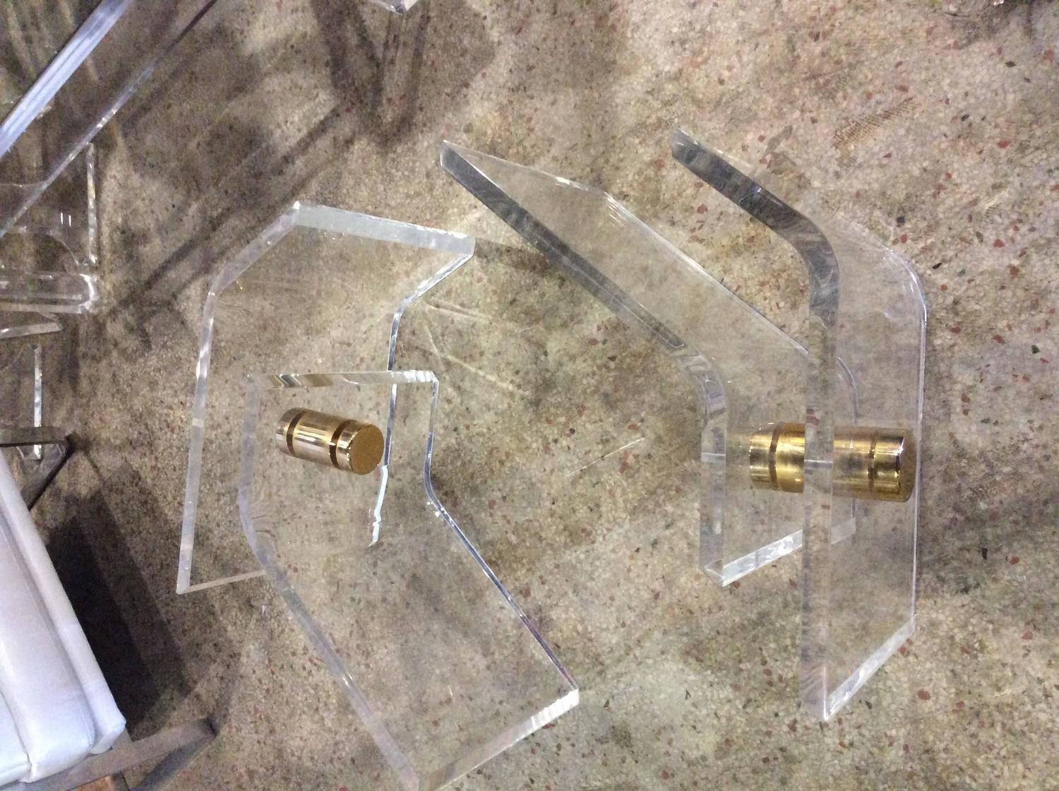 Pair of Vintage Lucite and Brass Architectural Coffee or Cocktail Table