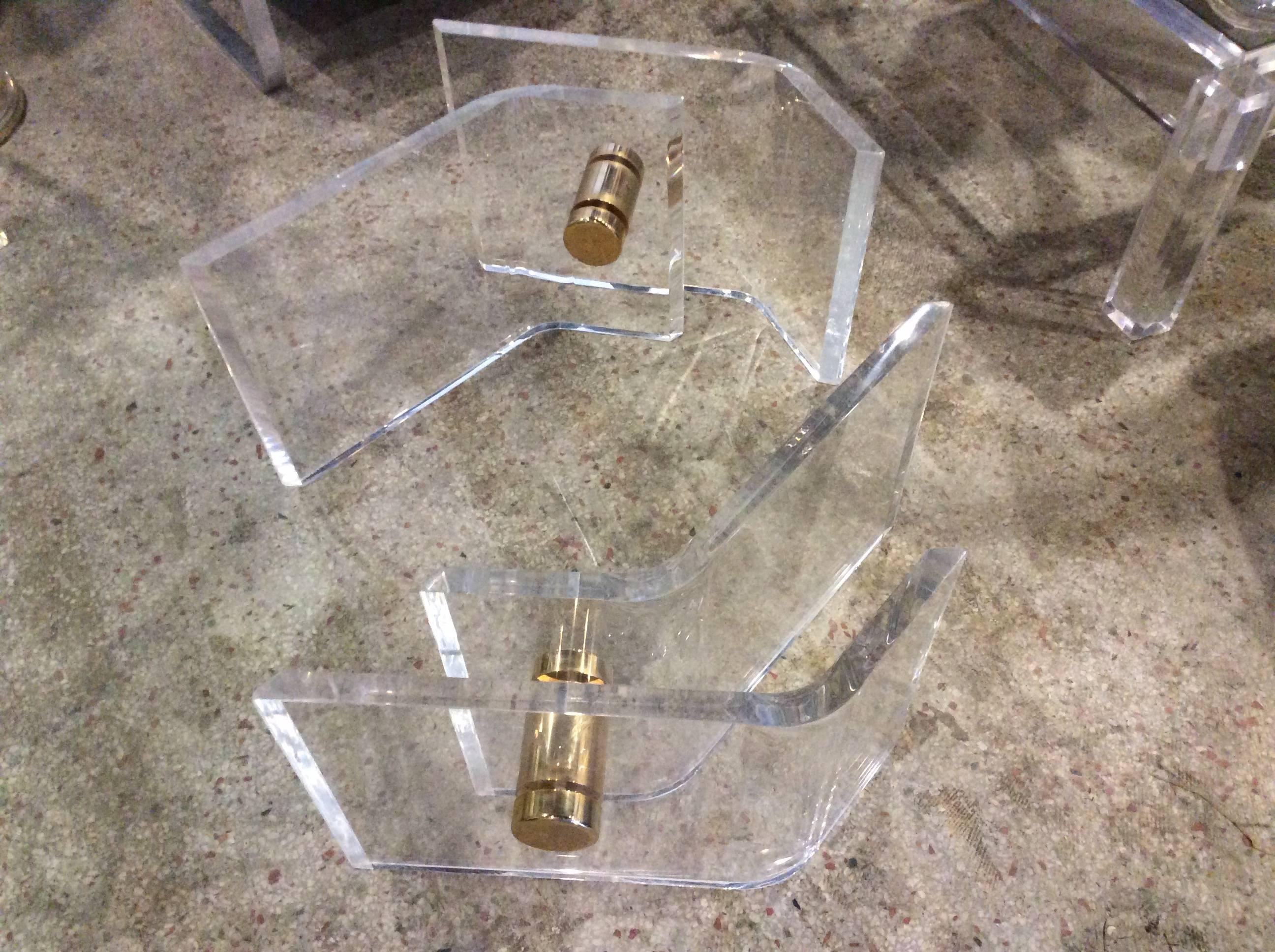 American Pair of Vintage Lucite and Brass Architectural Coffee or Cocktail Table Bases  For Sale