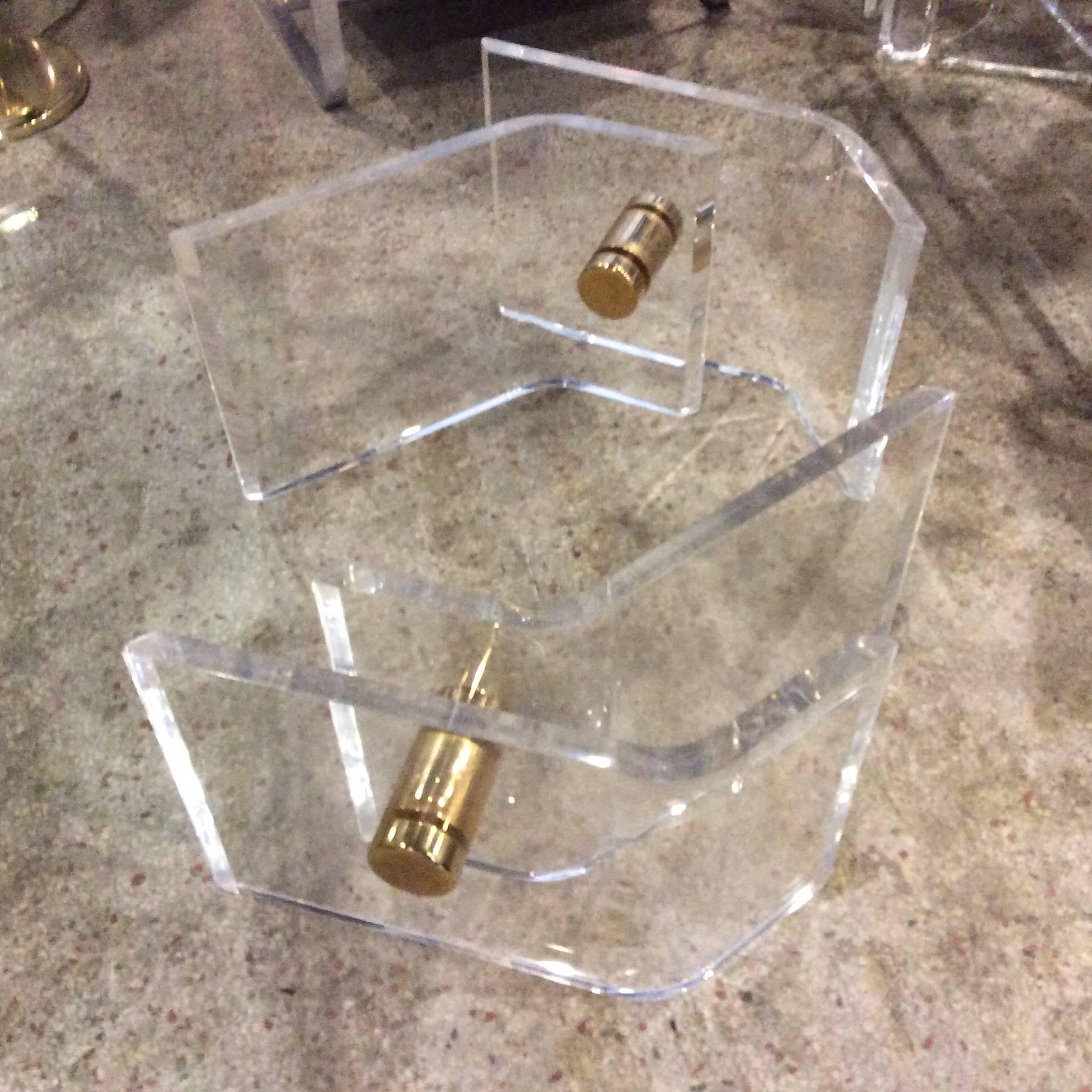 Pair of Vintage Lucite and Brass Architectural Coffee or Cocktail Table Bases In Excellent Condition In West Palm Beach, FL