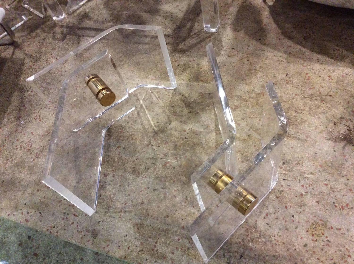 Pair of Vintage Lucite and Brass Architectural Coffee or Cocktail Table