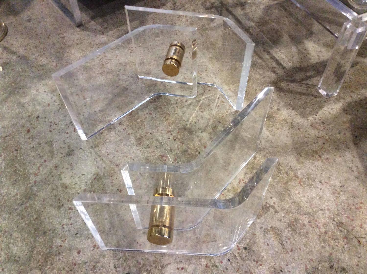 Pair of Vintage Lucite and Brass Architectural Coffee or Cocktail Table