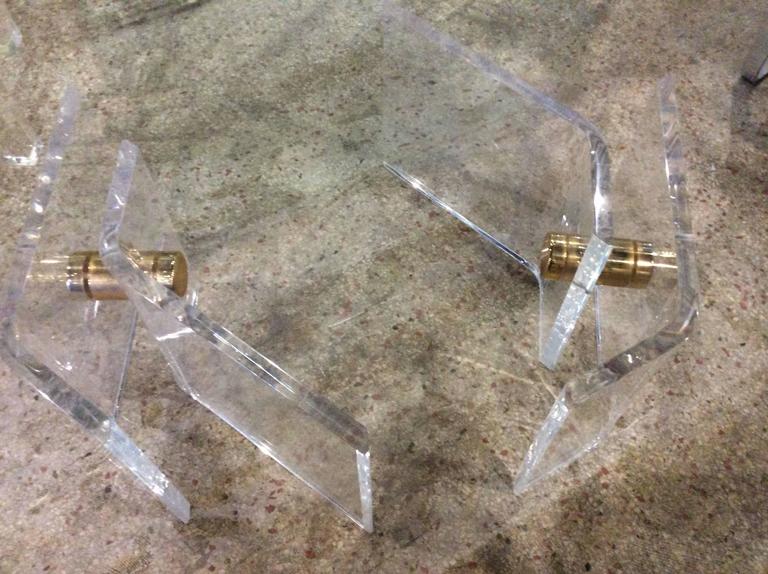 Pair of Vintage Lucite and Brass Architectural Coffee or Cocktail Table