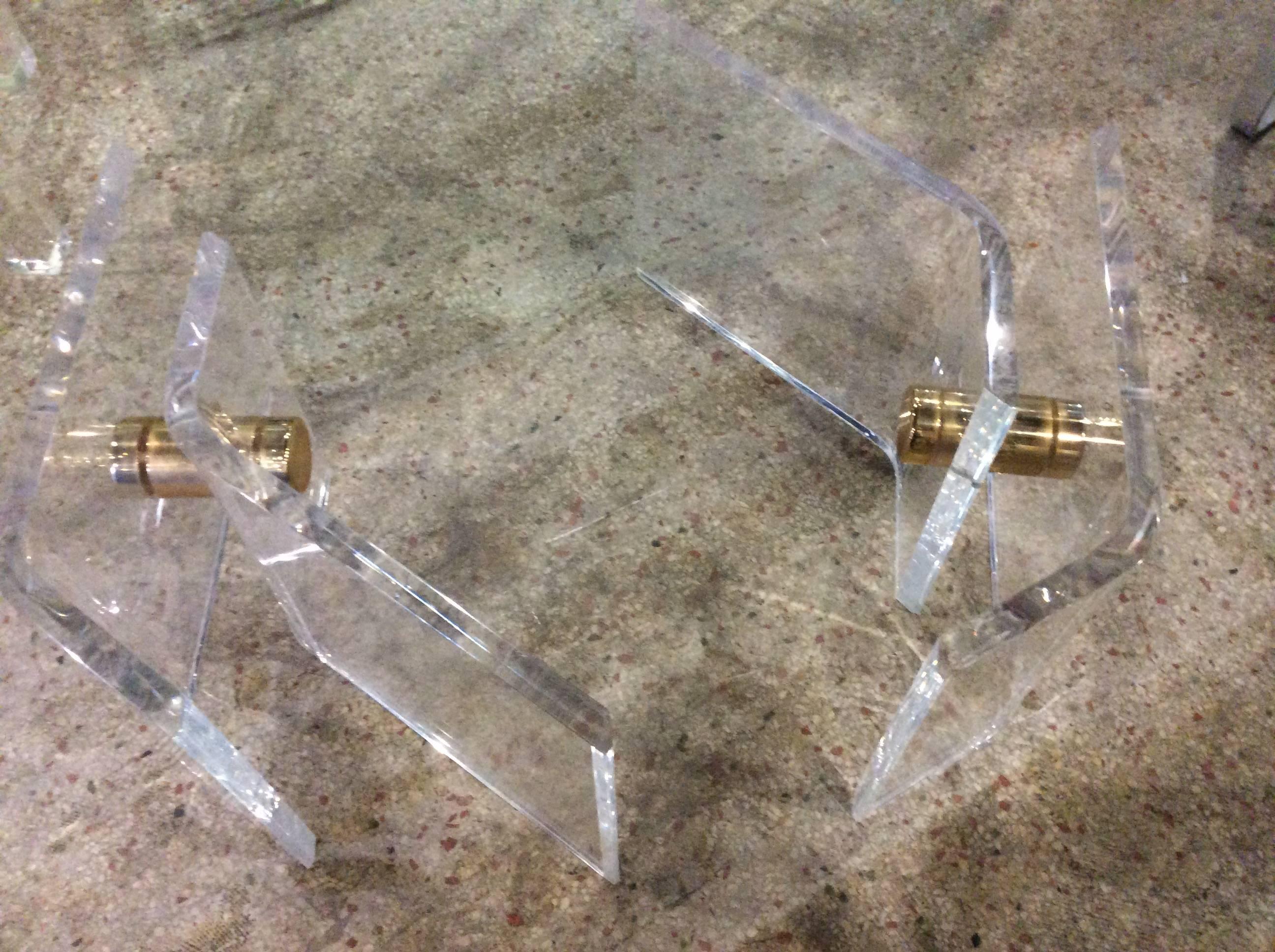 Pair of Vintage Lucite and Brass Architectural Coffee or Cocktail Table Bases  For Sale 2