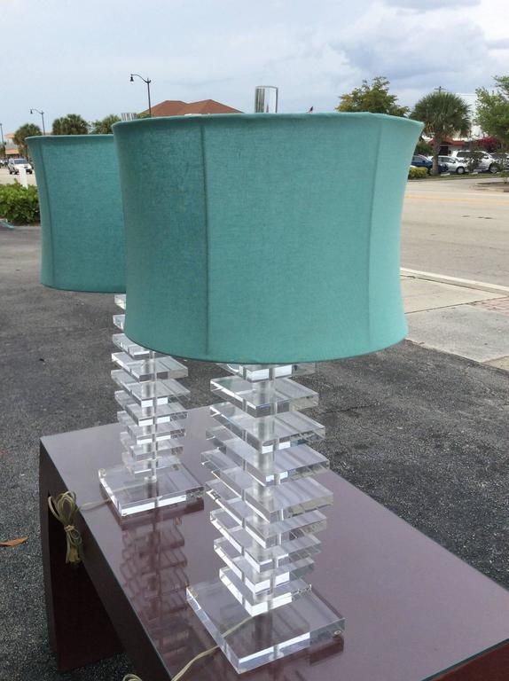 Pair of Architectural Stacked Lucite Table Lamps with Finial and