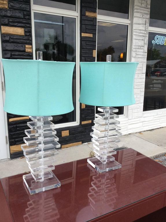 Pair of Architectural Stacked Lucite Table Lamps with Finial and