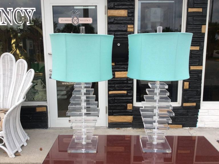 Pair of Architectural Stacked Lucite Table Lamps with Finial and