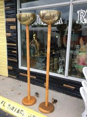 Pair of Vintage Bamboo Rattan and Brass Table Floor Lamps