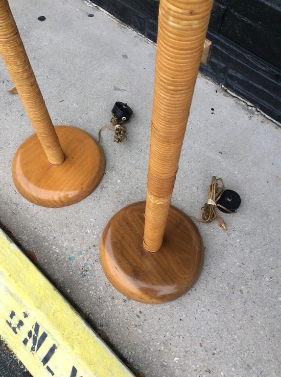 Pair Of Vintage Bamboo Rattan And Brass Table Floor Lamps