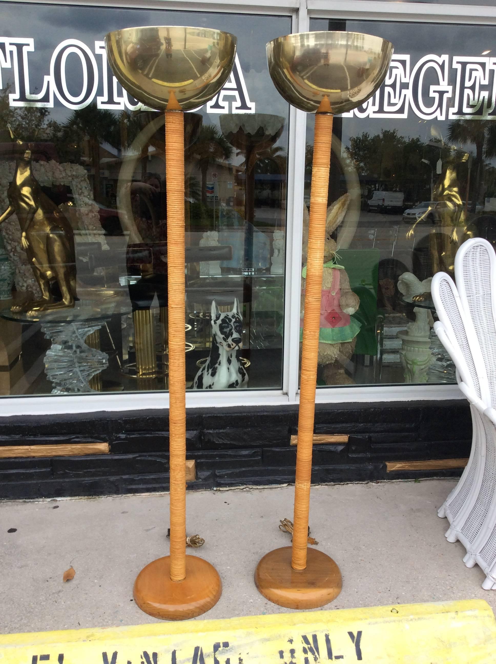 Hollywood Regency Pair of Vintage Bamboo Rattan and Brass Table Floor Lamps