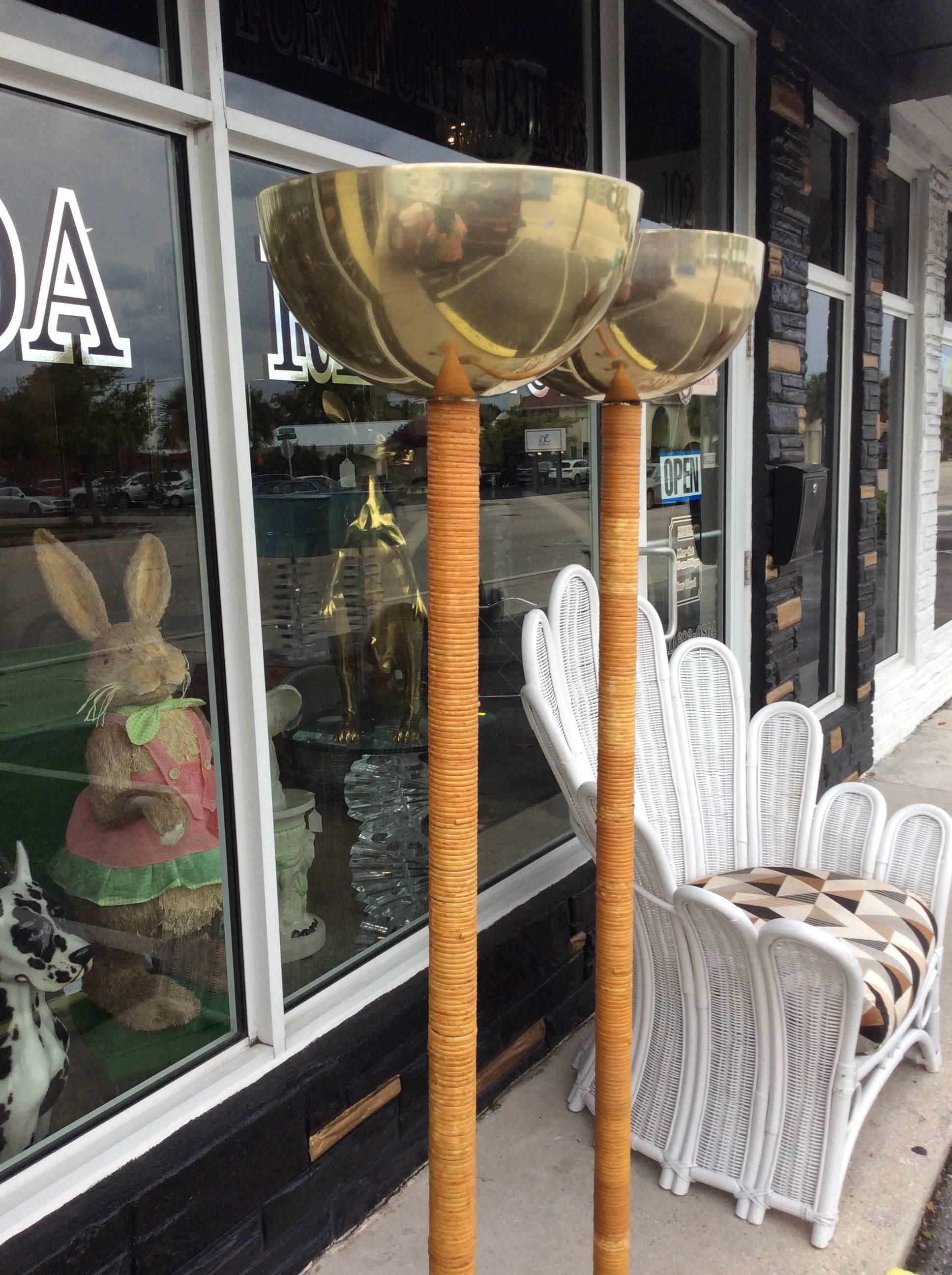 Pair of Vintage Bamboo Rattan and Brass Table Floor Lamps In Good Condition In West Palm Beach, FL