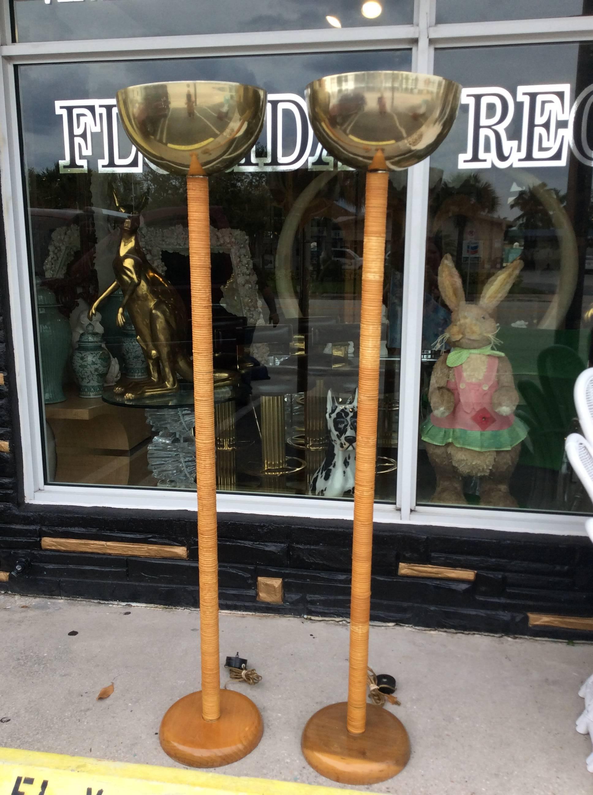 Pair of Vintage Bamboo Rattan and Brass Table Floor Lamps 1