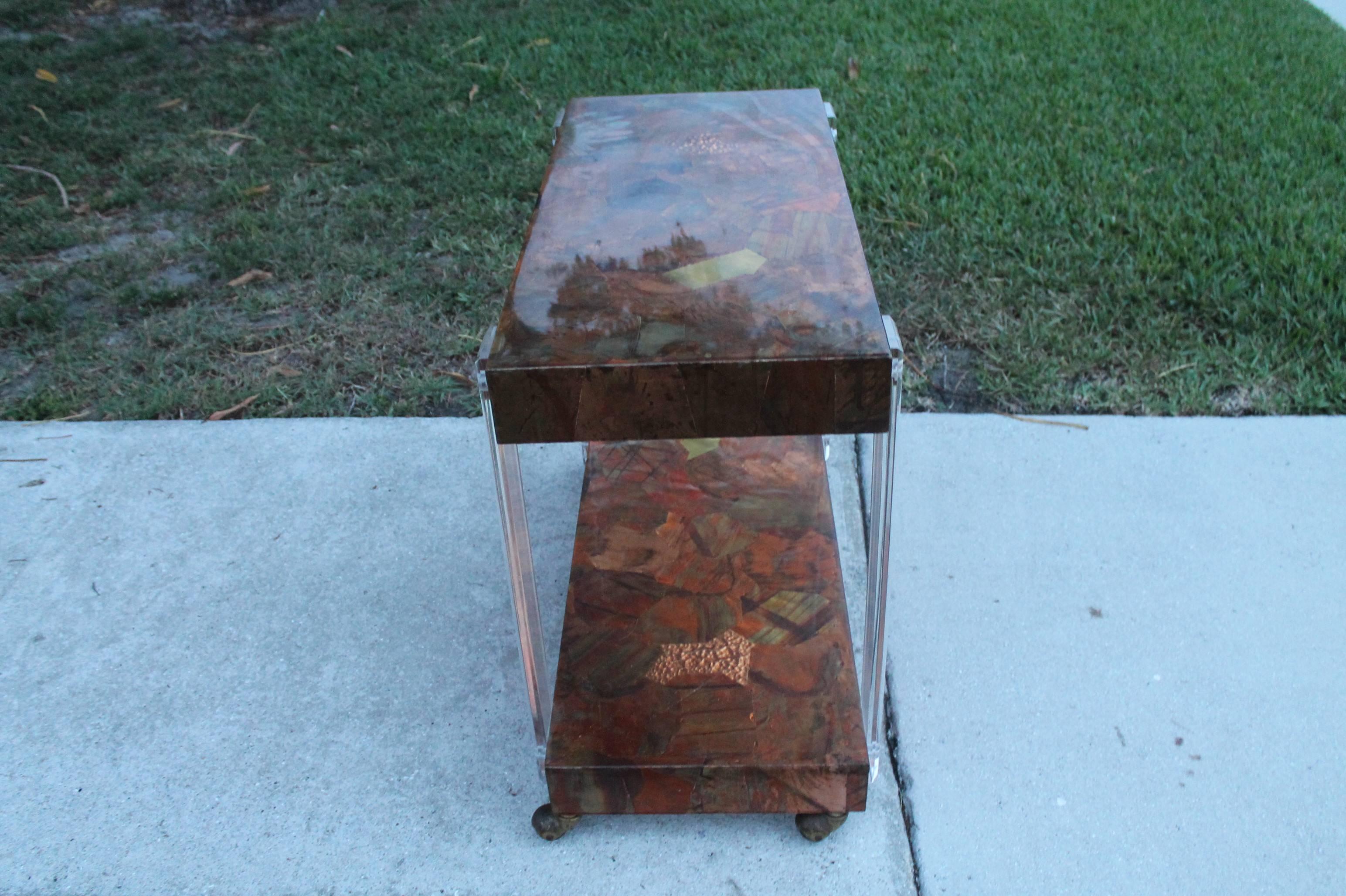Bar Cart Lucite Patchwork Metal Copper  Brutalist Mid-Century Modern Brass  In Good Condition In West Palm Beach, FL