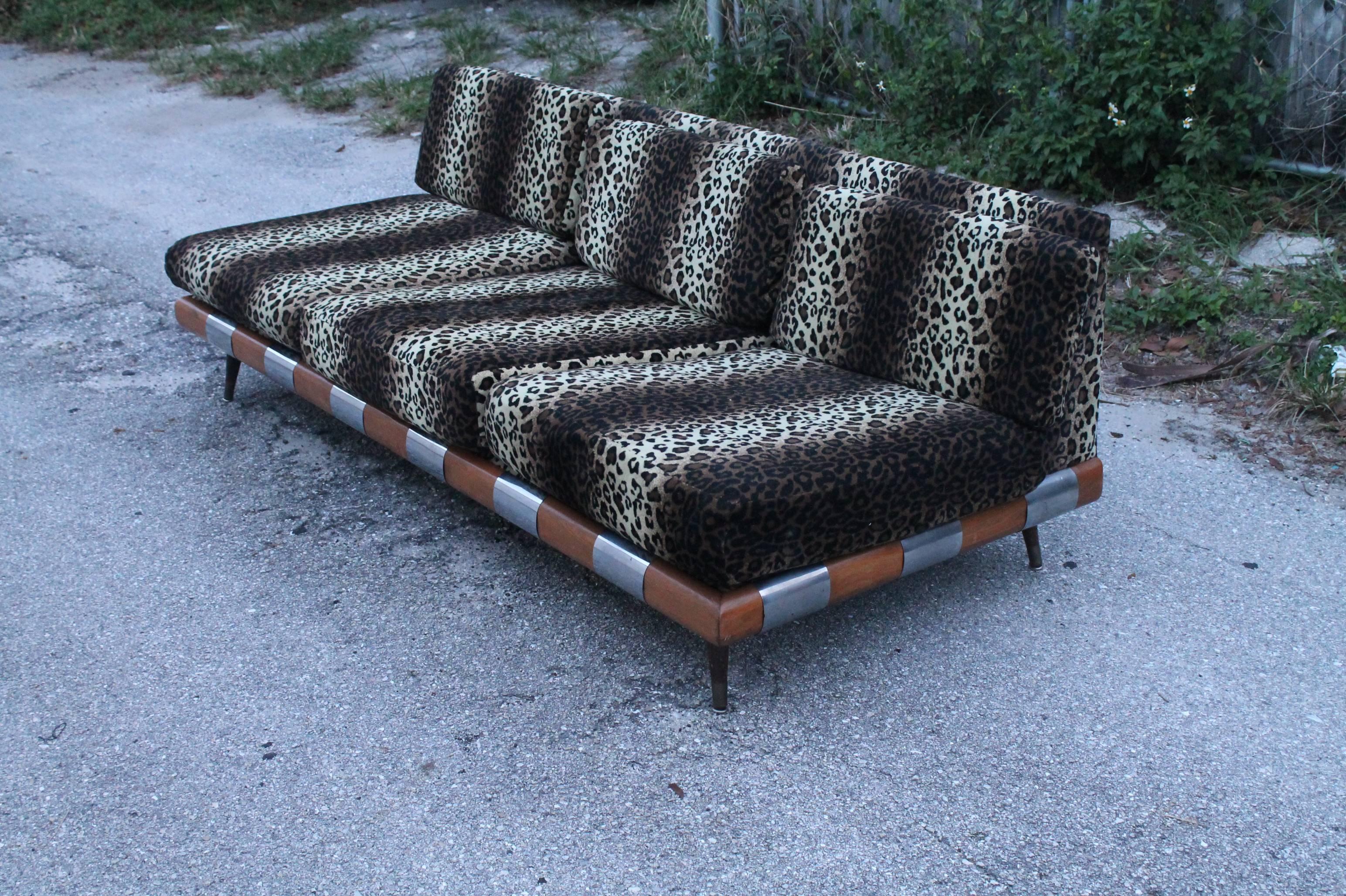 Great vintage Mid-Century Modern sofa by Adrian Pearsall for Craft Associates by Lane (Tag is present and pictured) The fabric is as found in good vintage condition. Chrome and walnut low base with pegs legs. Six removeable cushions.
