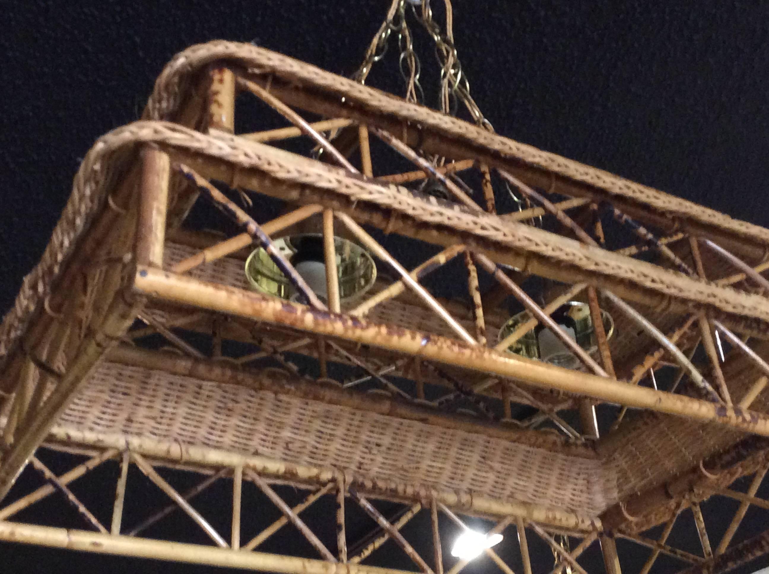 Chinese Chippendale Vintage Pagoda Rattan Wicker Tortoiseshell Bamboo Chandelier Palm Beach Tropical