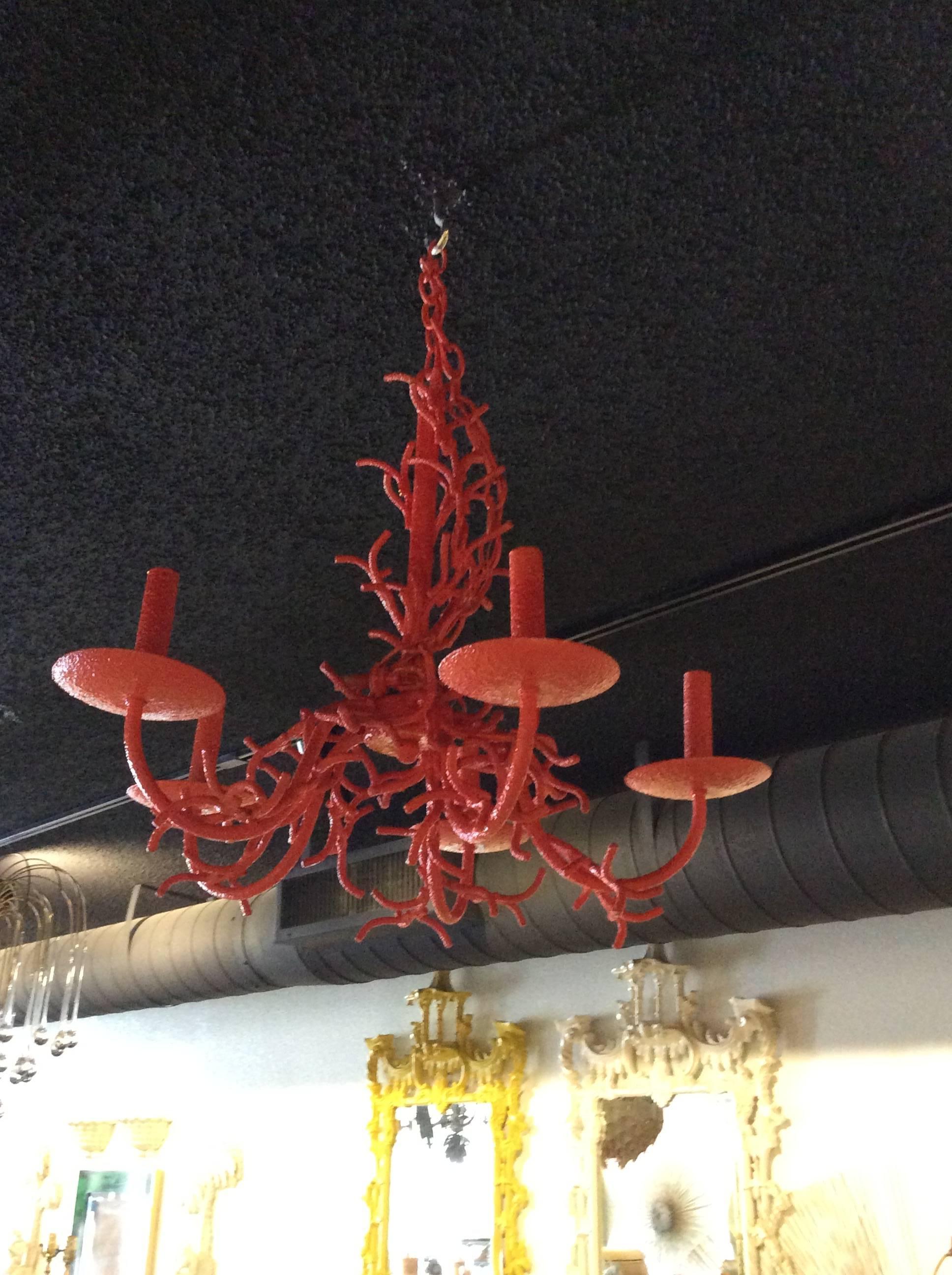Beautiful Vintage Hollywood Regency Coral metal chandelier perfect for that Palm Beach, tropical island, Chinoiserie, Chinese Chippendale home. This can also be done in any color or white if you prefer for an additional charge. I also have three