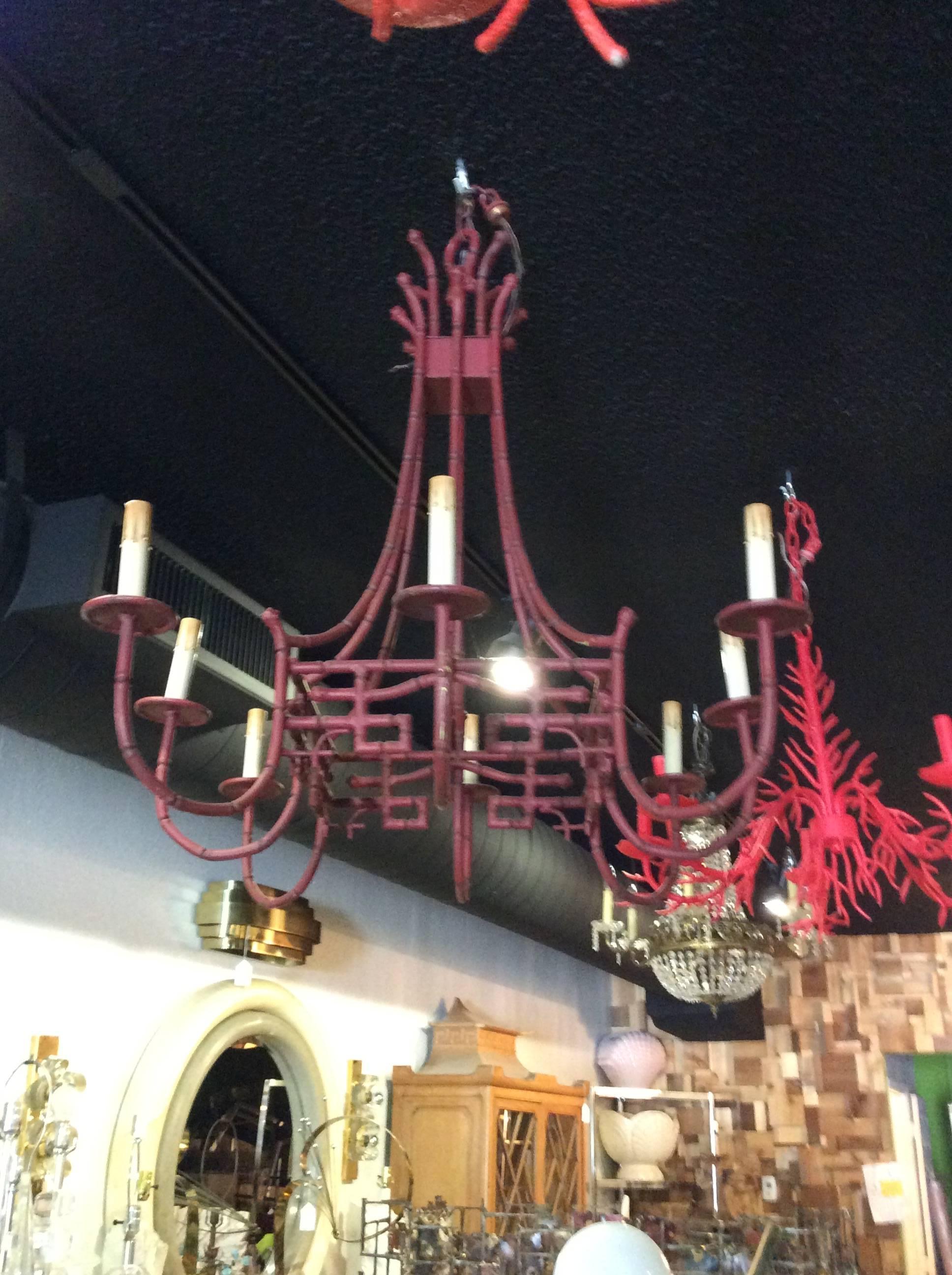 Rare, large Greek key, pagoda, faux bamboo metal chandelier. Eight lights. 
Hollywood Regency, Palm Beach, Chinoiserie 