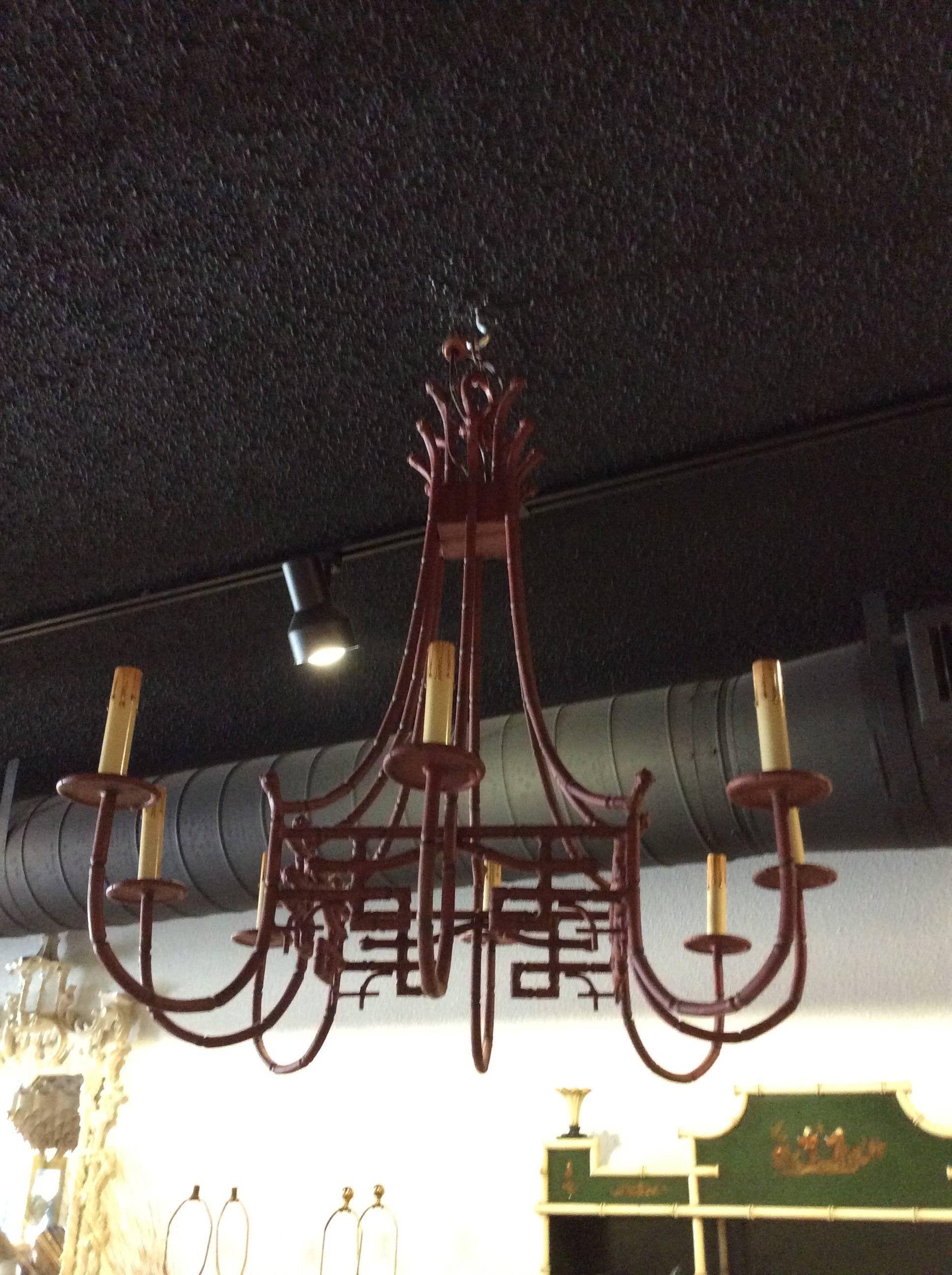 Chinoiserie Greek Key Faux Bamboo Pagoda Large Chandelier Metal Tole Chinese Chippendale