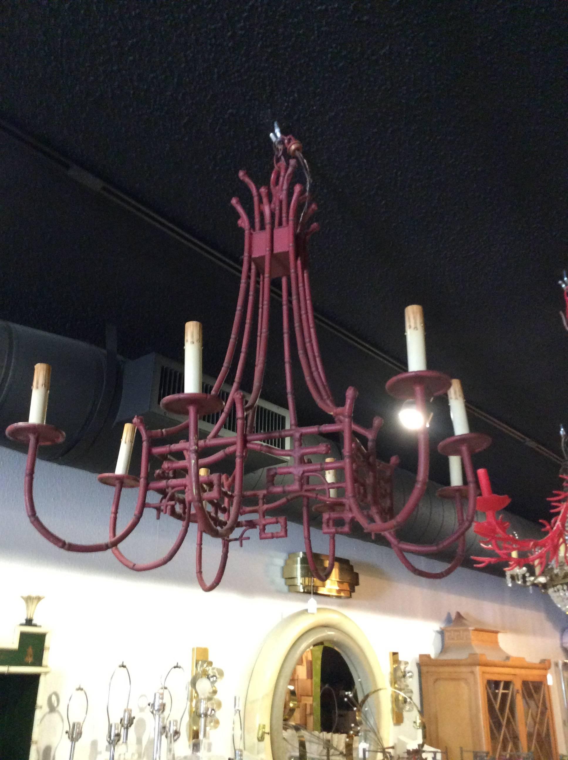 Greek Key Faux Bamboo Pagoda Large Chandelier Metal Tole Chinese Chippendale In Excellent Condition In West Palm Beach, FL