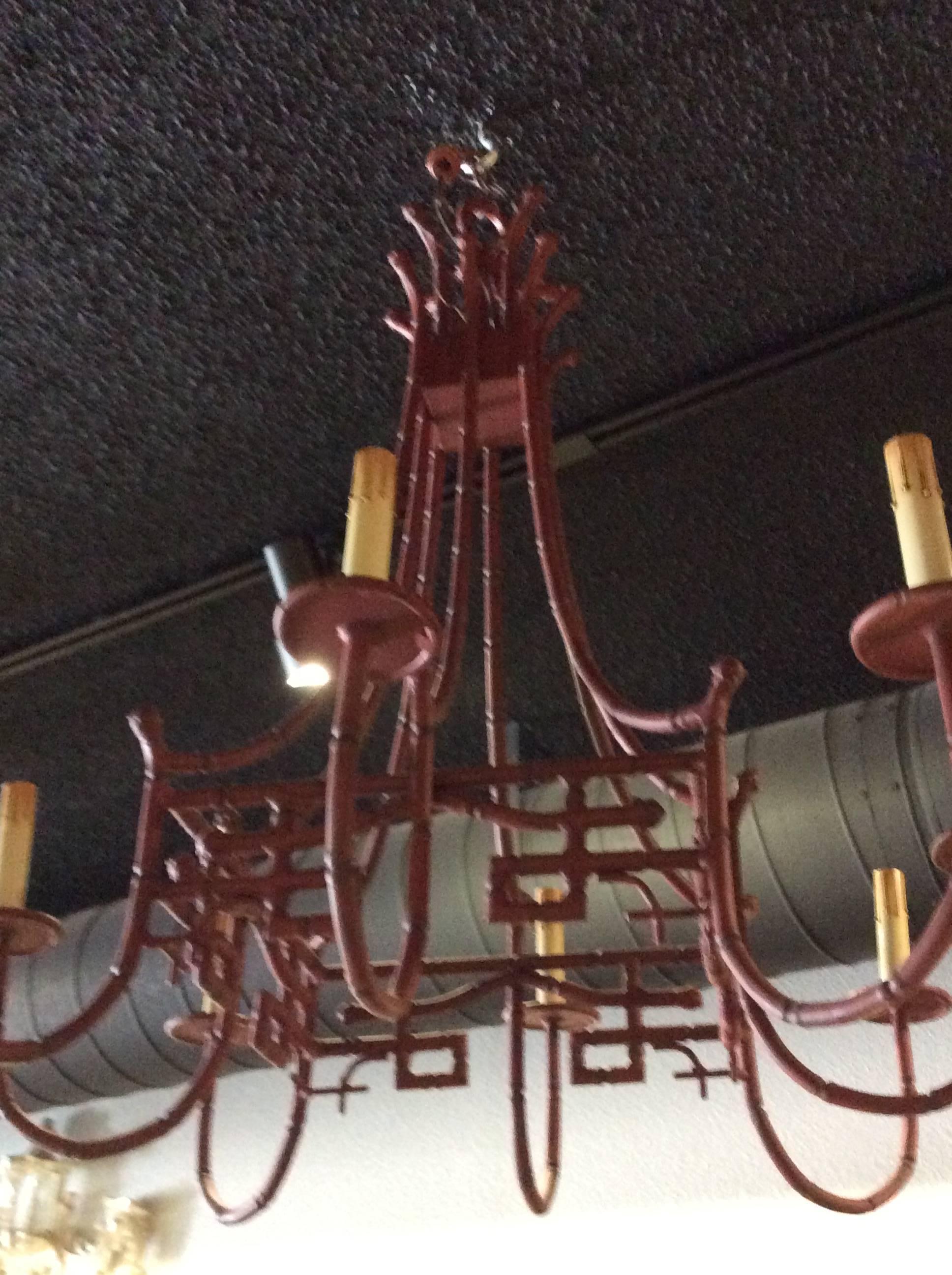 Greek Key Faux Bamboo Pagoda Large Chandelier Metal Tole Chinese Chippendale 1