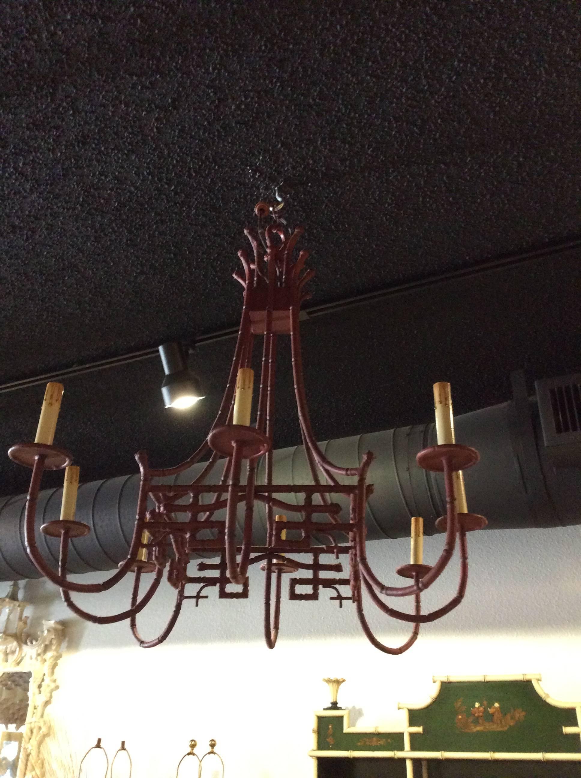 Greek Key Faux Bamboo Pagoda Large Chandelier Metal Tole Chinese Chippendale 2