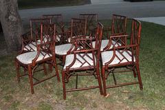 Chinese Chippendale Set of Eight Faux Bamboo Dining Arm Chairs Chinoiserie