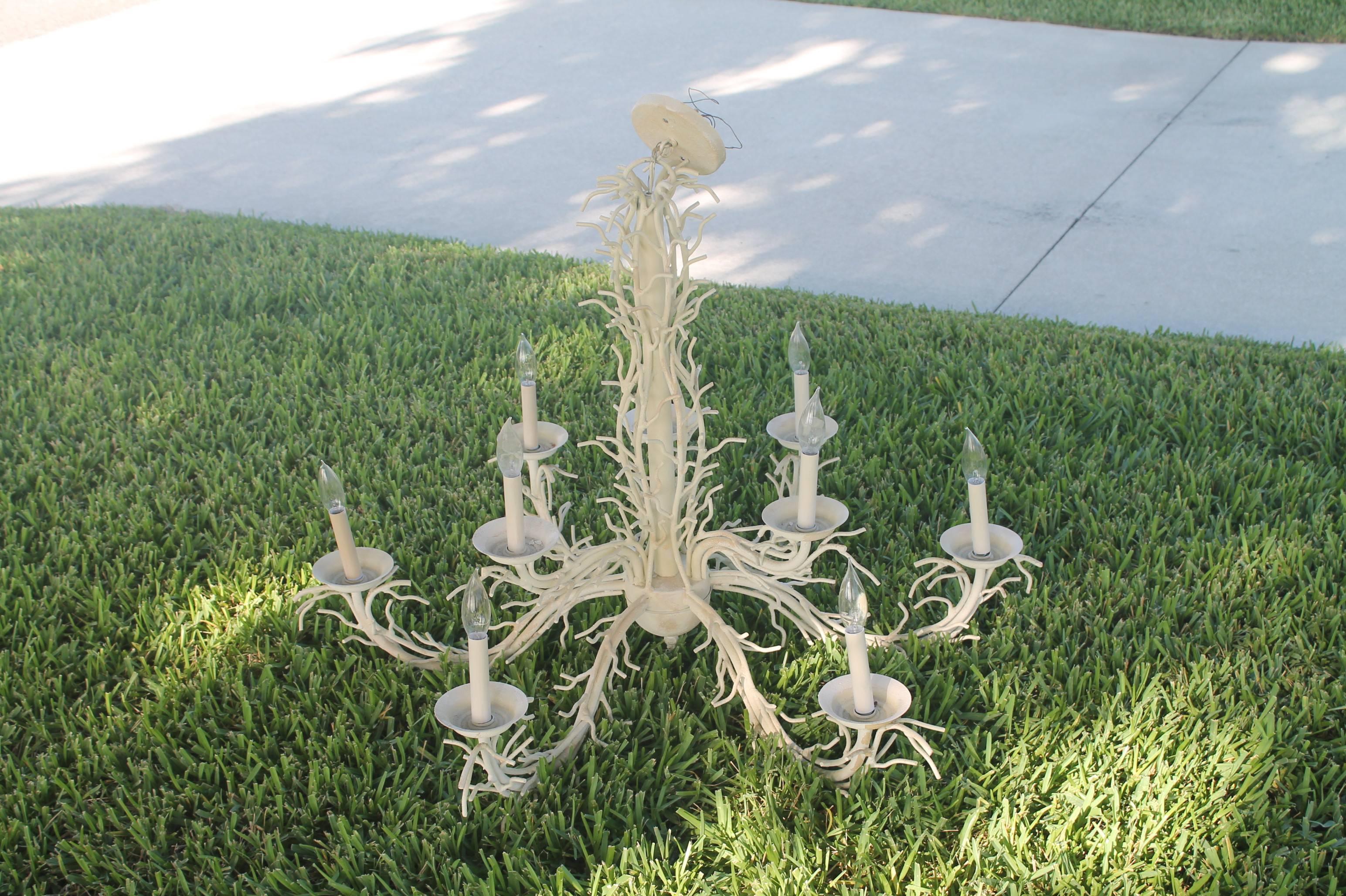 Large Vintage Stately piece perfect for that Palm Beach Island, Chinoiserie Home. This vintage  nine light coral chandelier is very heavy and all metal. this comes with nine original lamp shades that match the chandelier. This is the original off