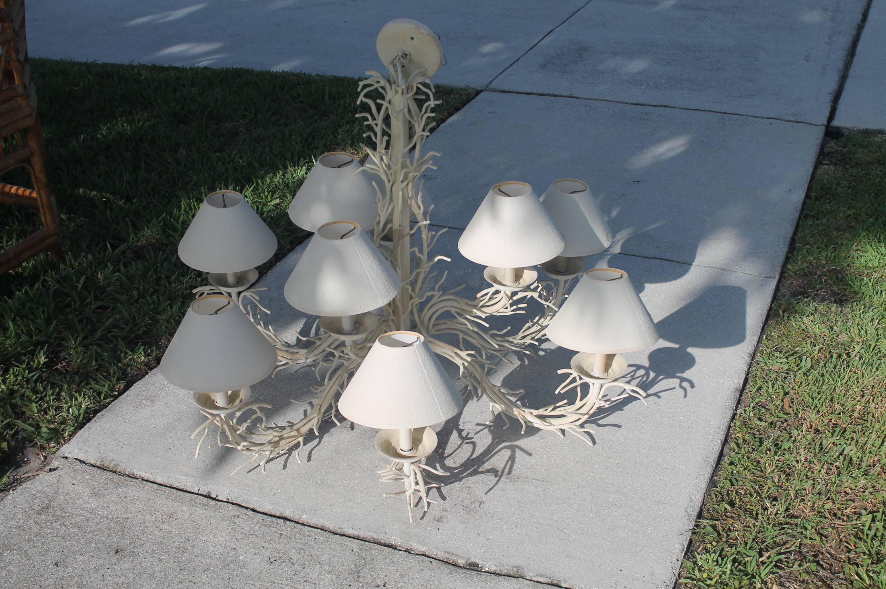 Coral Shell Chandelier Palm Beach Nine Light Shades Metal Hollywood Regency In Excellent Condition In West Palm Beach, FL