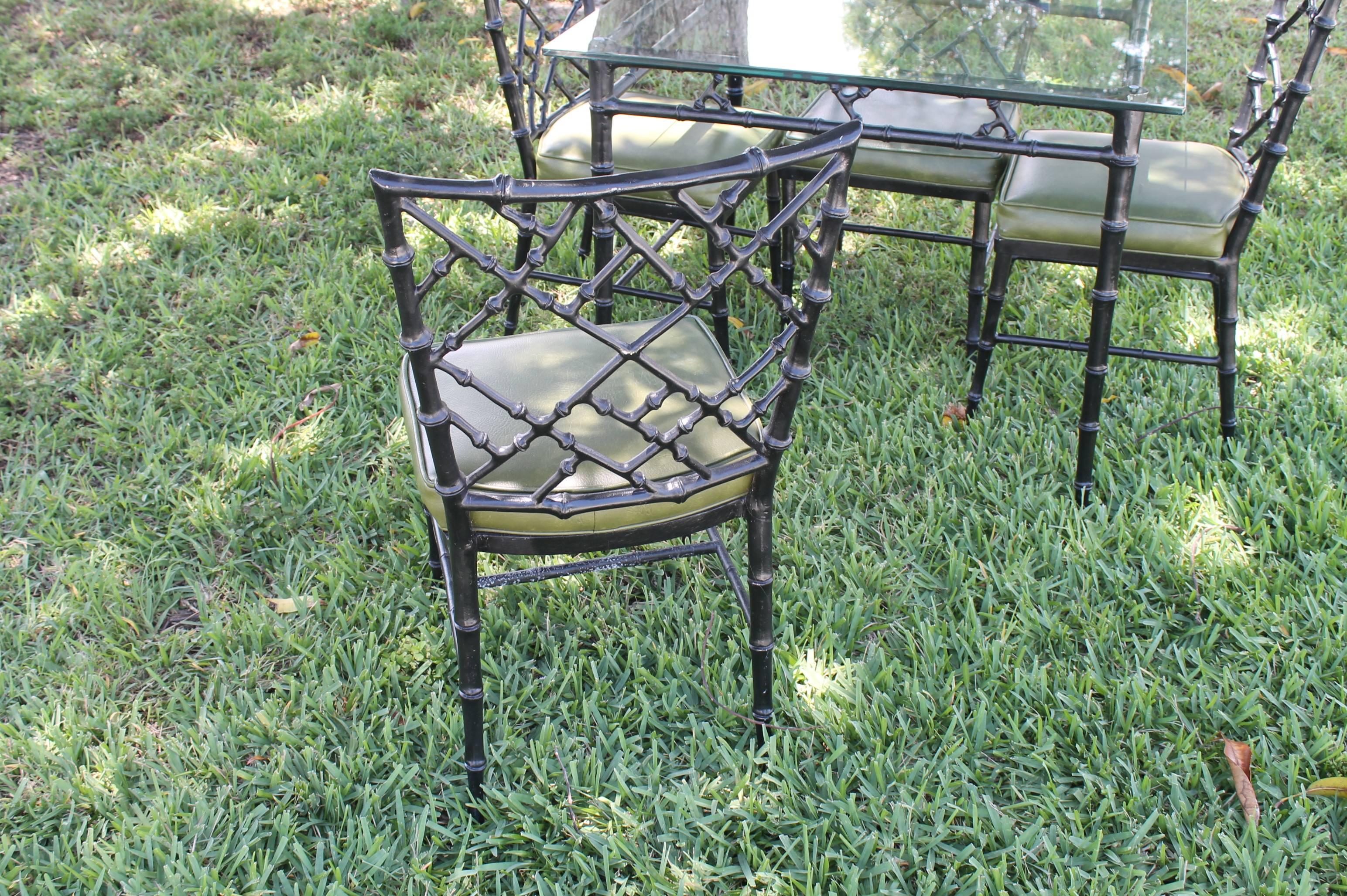 Hollywood Regency Phyllis Morris Patio Set Dining Chairs and Table Faux Bamboo Chinese Chippendale