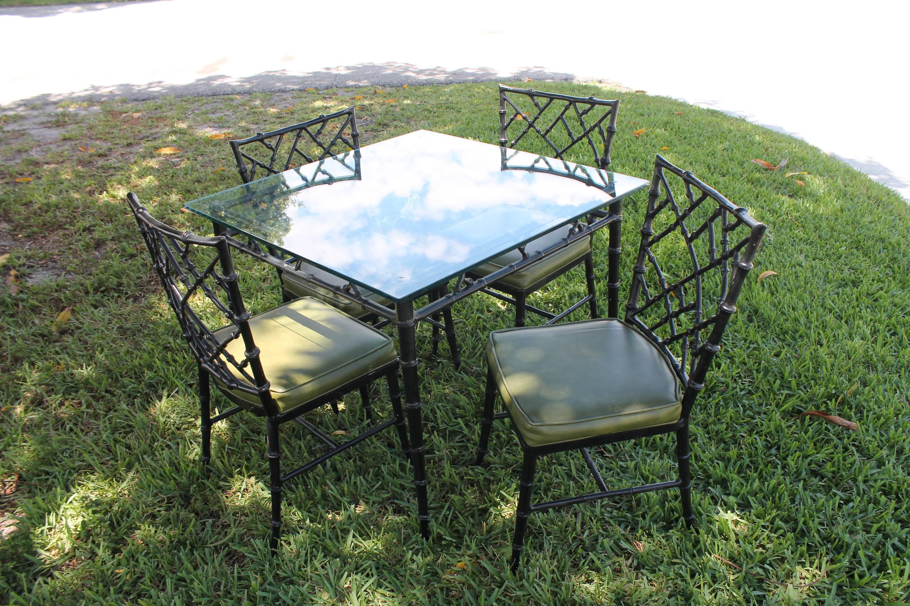 Phyllis Morris Patio Set Dining Chairs and Table Faux Bamboo Chinese Chippendale In Good Condition In West Palm Beach, FL