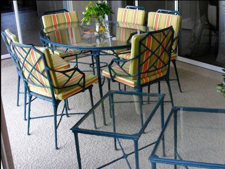 9 Pc Brown Jordan Calcutta Patio Set Dining Table Arm Chairs End Tables Bamboo at 1stDibs