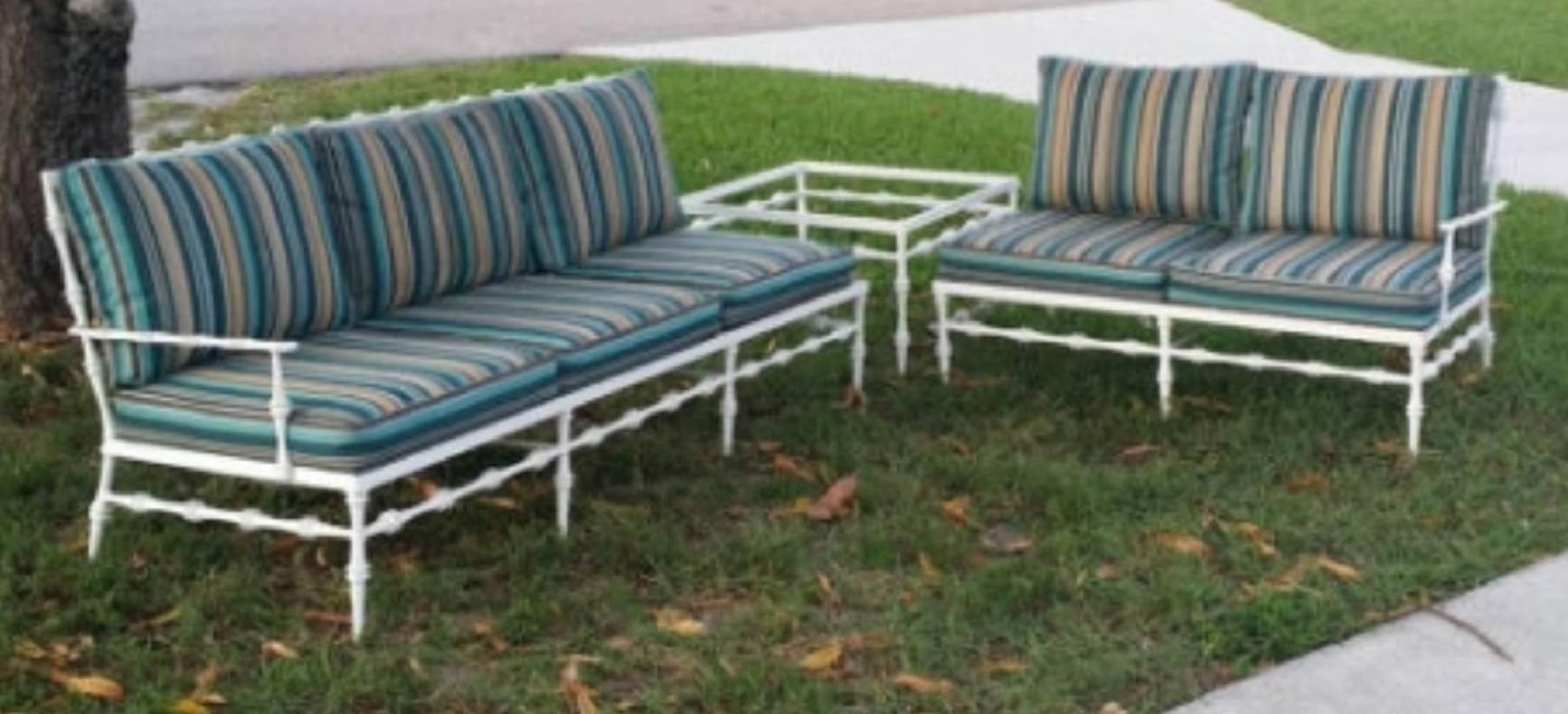 Amazing Aluminum 4 piece patio, porch, outdoor, sunroom set. This set includes the following: sofa / couch, settee / loveseat, coffee cocktail table and end / side table all with glass tops. The cushions pictured are also included. I have several