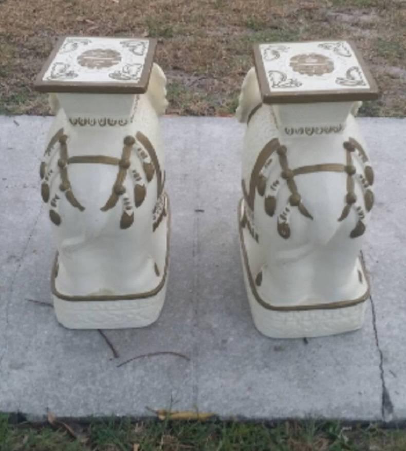 Elephants Pair of Gold White Stools Plant Stands End Side Tables Benches Garden In Good Condition For Sale In West Palm Beach, FL