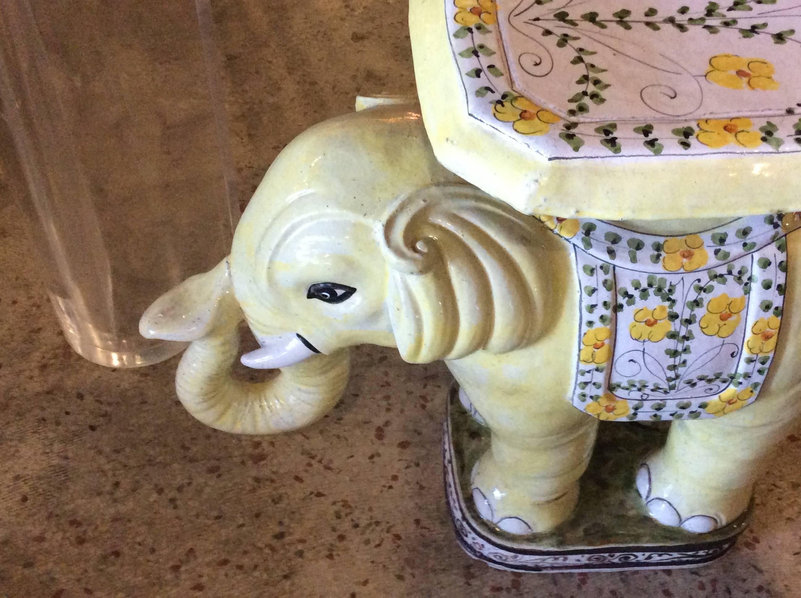 Italian Elephant Vintage Terra Cotta Yellow Floral Garden Stand Stool Bench Side Table For Sale