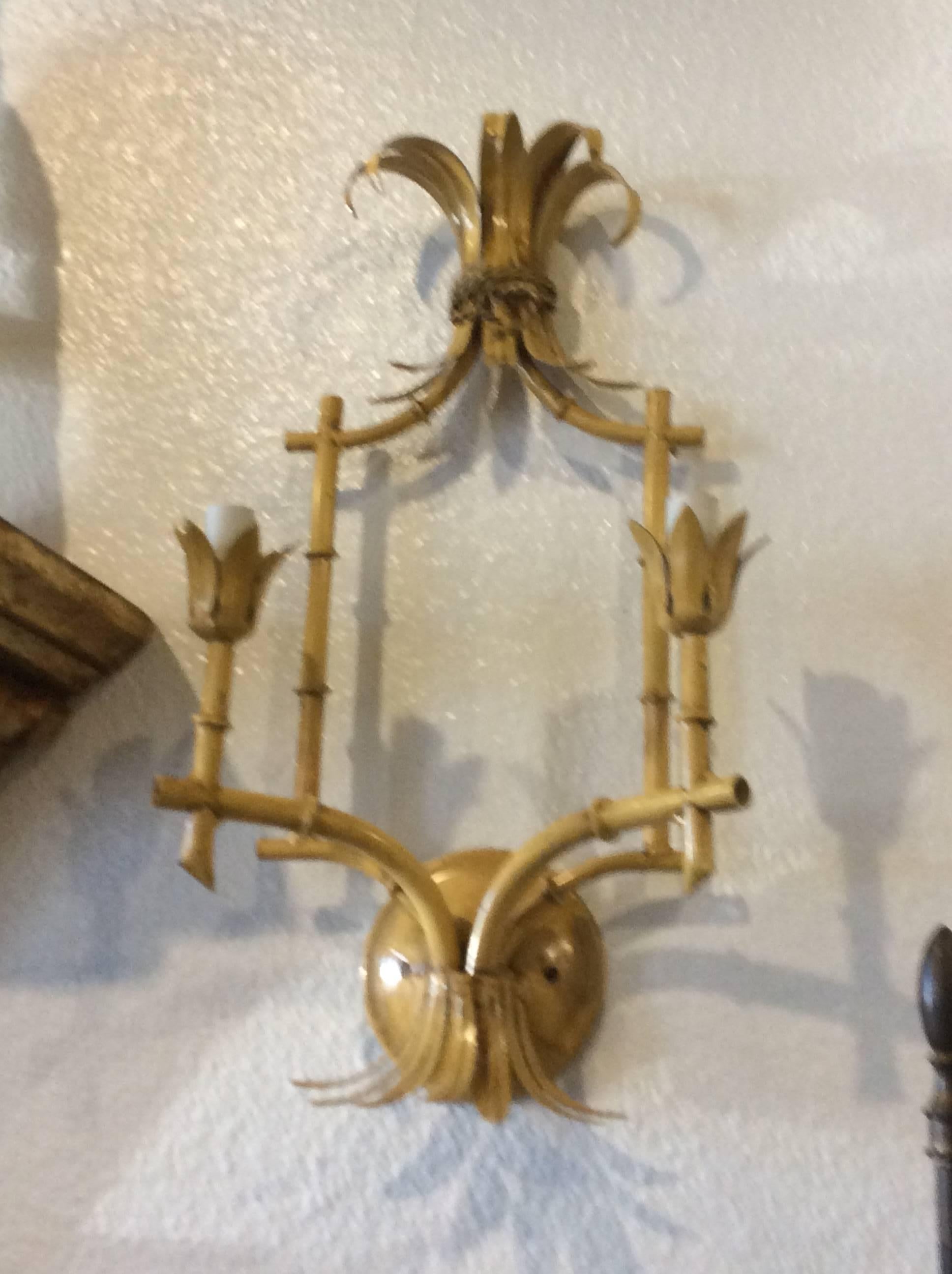 Italian Faux Bamboo Wall Light Sconces Vintage Metal Tole Chinese Chippendale Pagoda