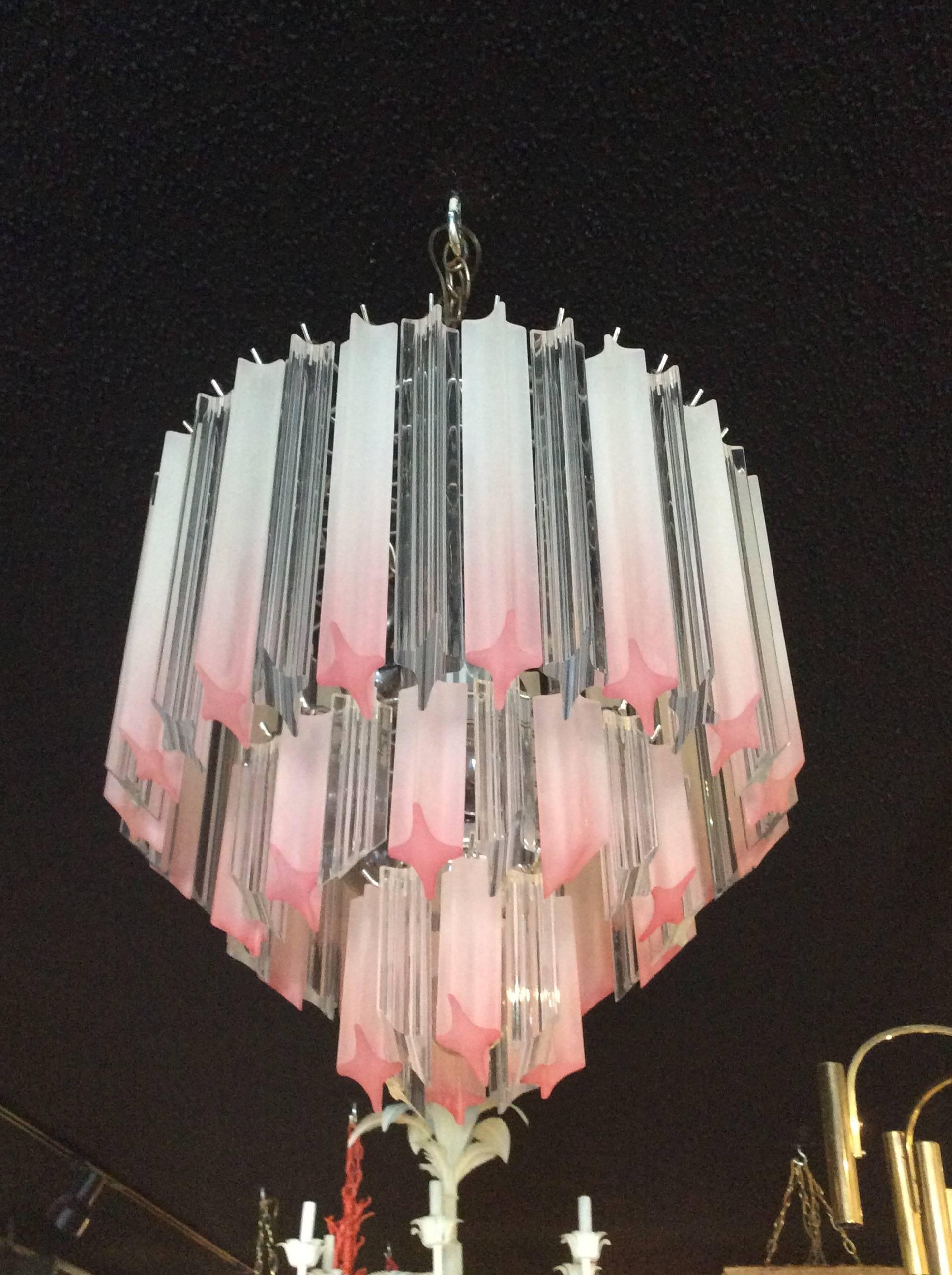 American  Pink Lucite Chandelier Vintage Three-Tier Hollywood Regency Palm Beach Chrome