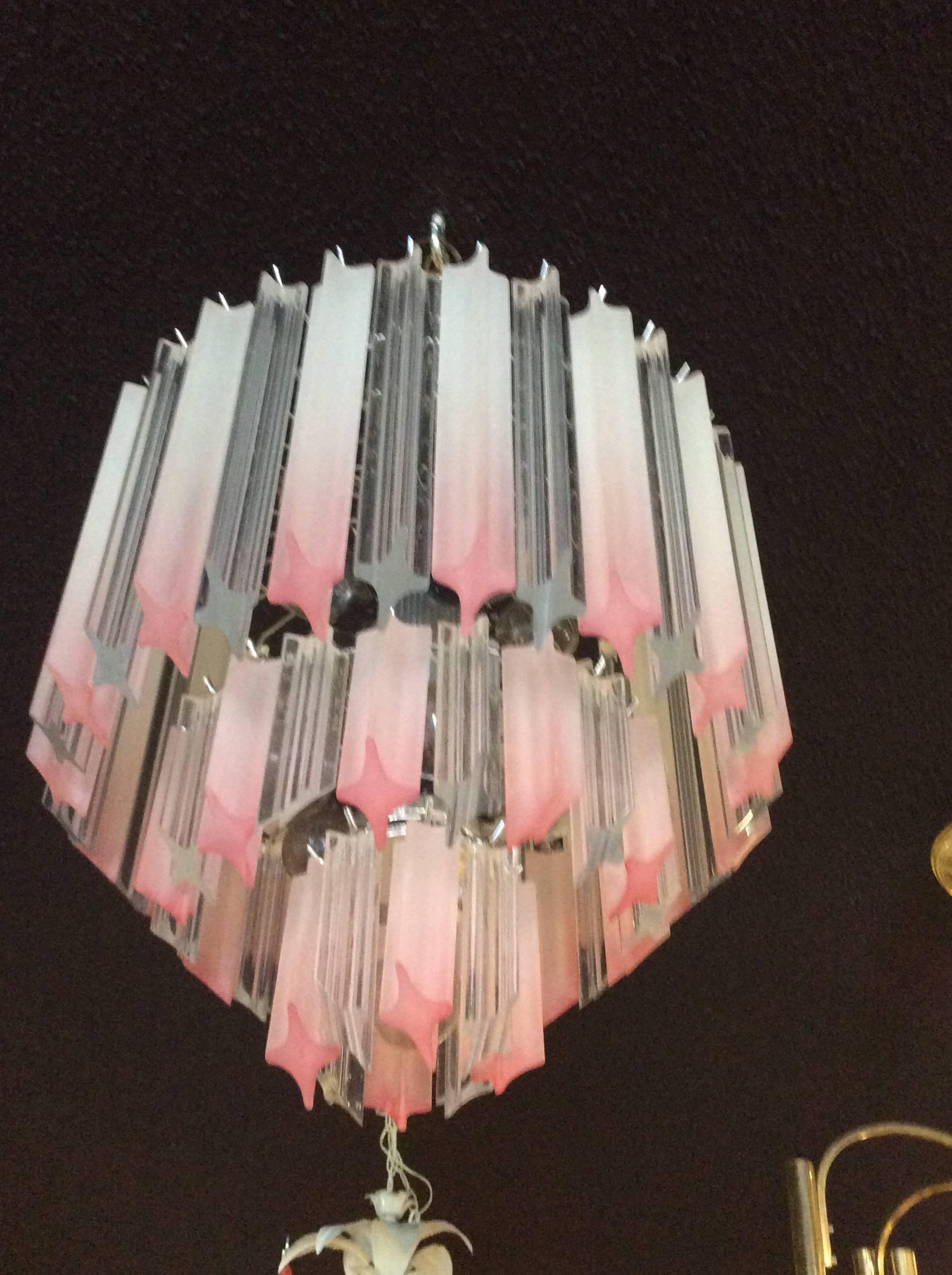 20th Century  Pink Lucite Chandelier Vintage Three-Tier Hollywood Regency Palm Beach Chrome