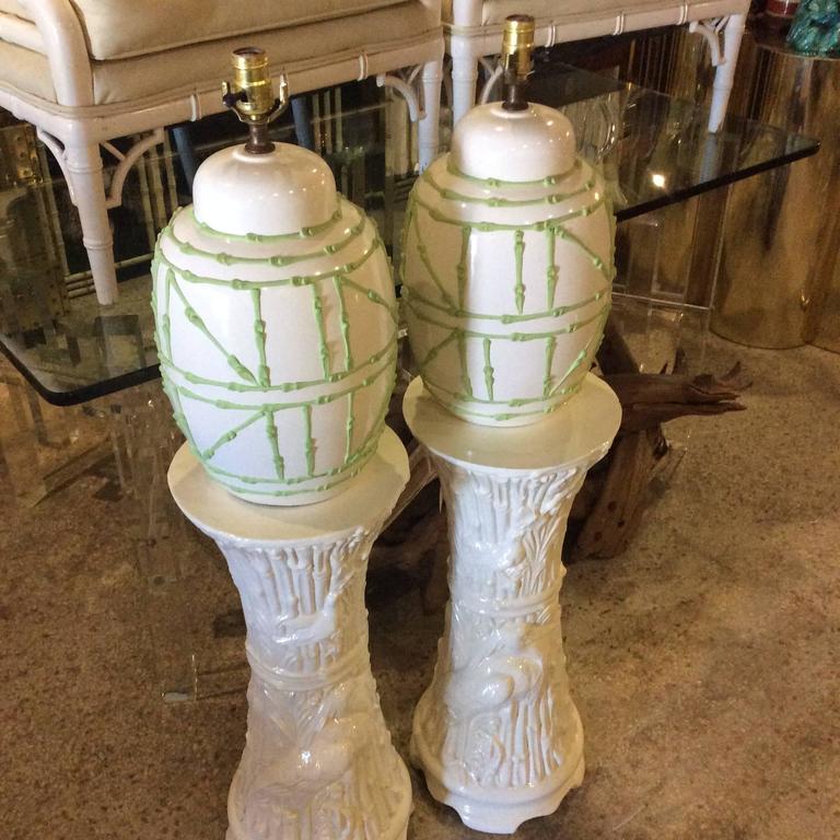 Ginger Jar Vintage Pair Faux Bamboo Green Icing Table Lamps Palm Beach