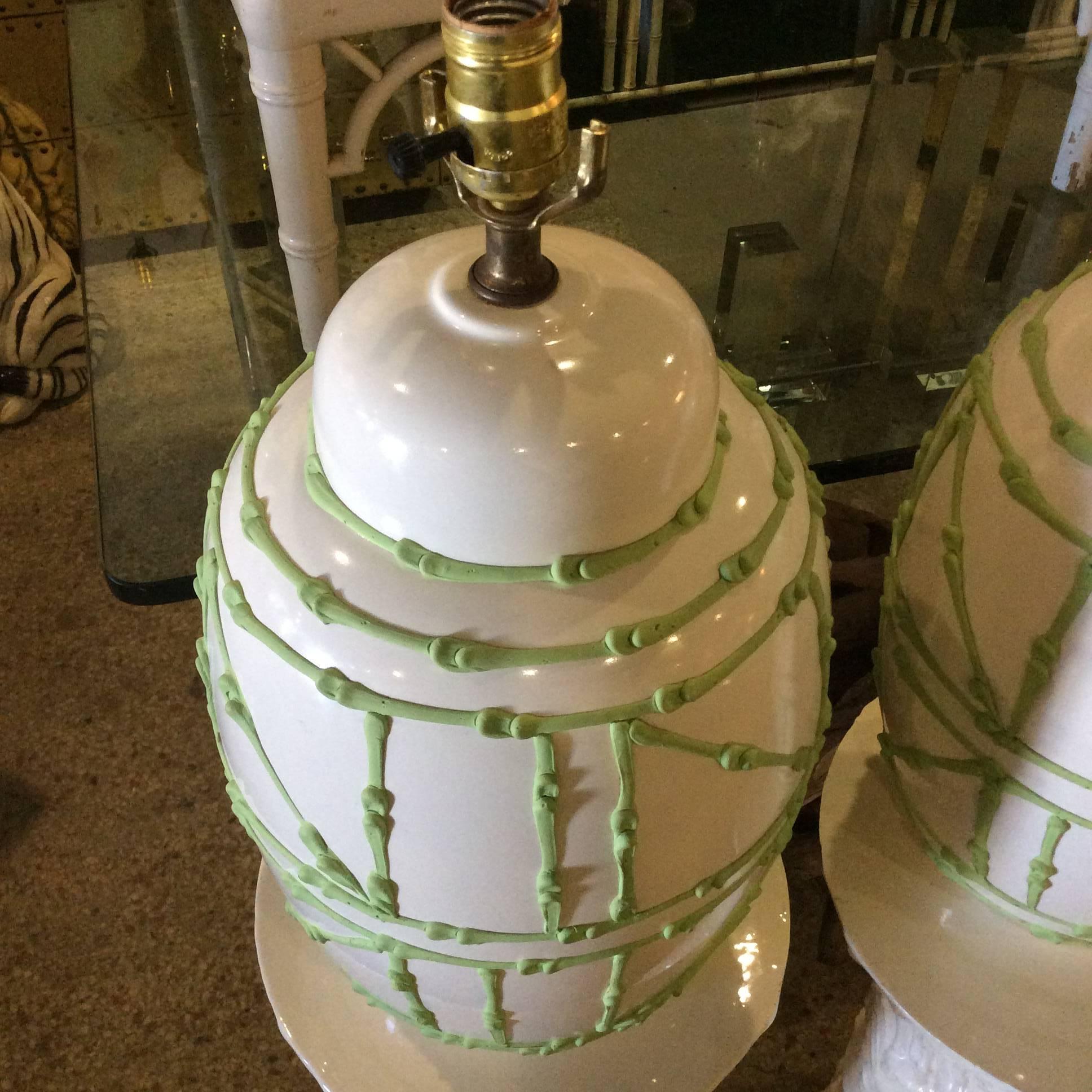 Hollywood Regency Ginger Jar Vintage Pair Faux Bamboo Green Icing Table Lamps Palm Beach White