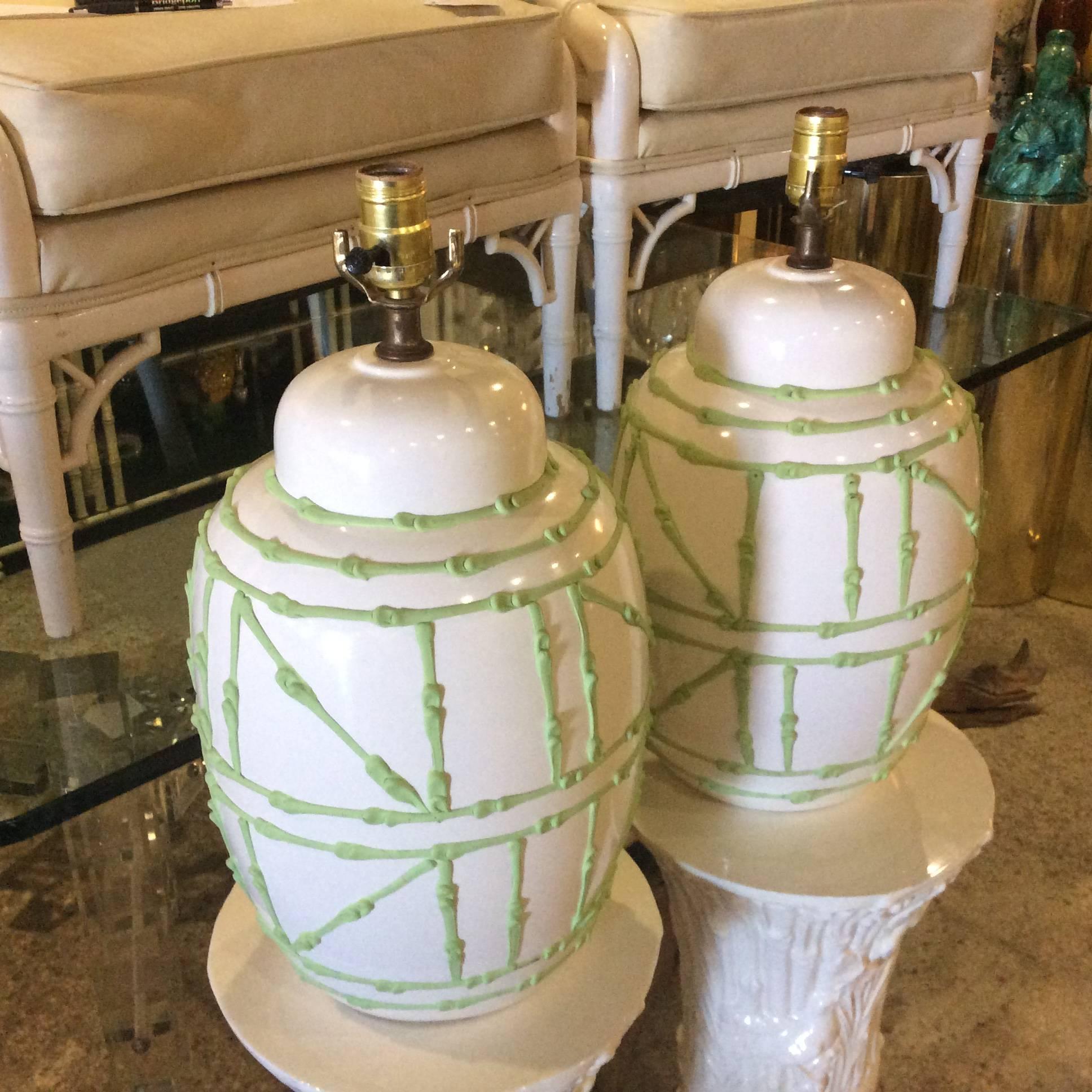 American Ginger Jar Vintage Pair Faux Bamboo Green Icing Table Lamps Palm Beach White